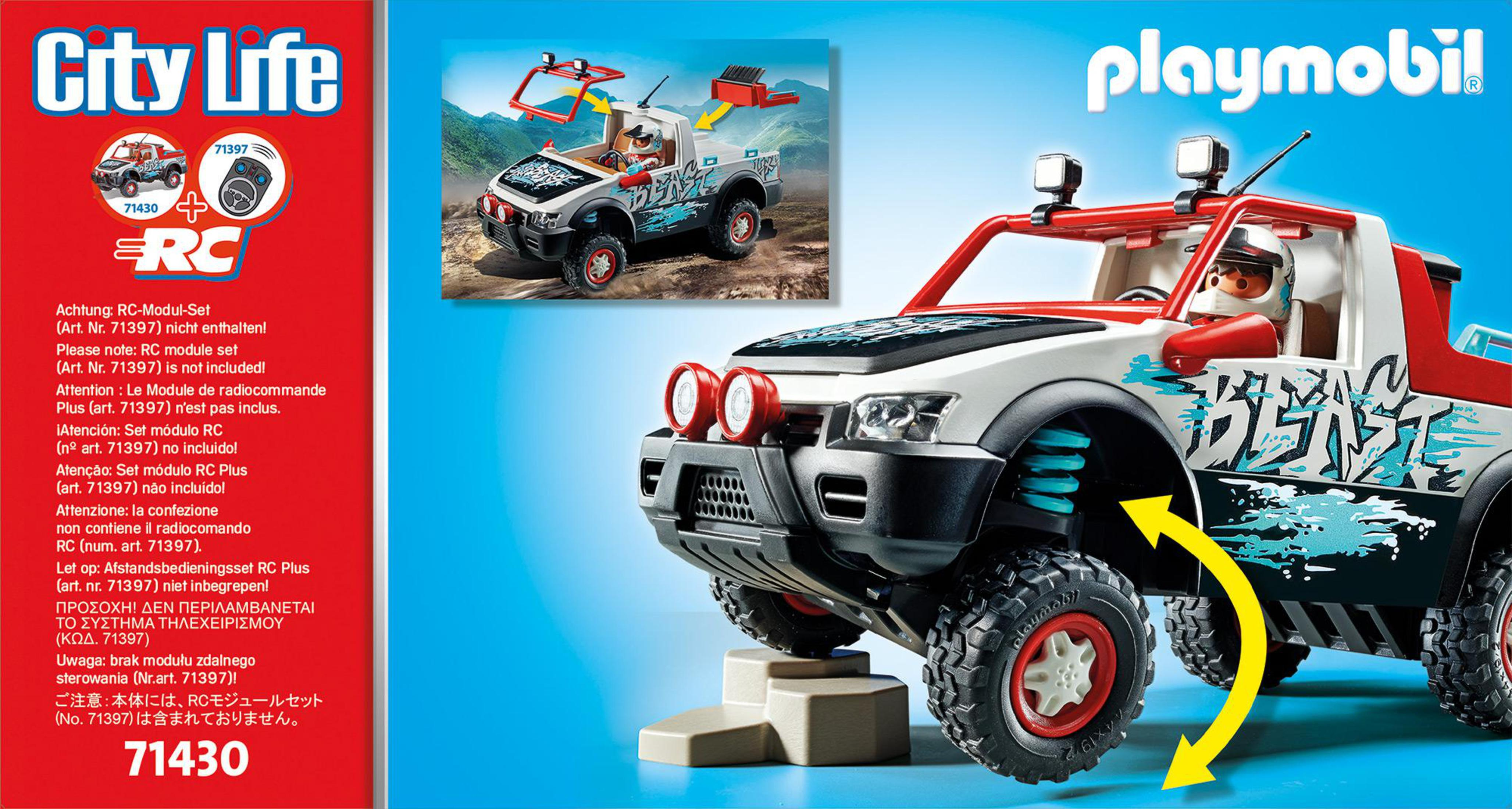 Ein Playmobil City Life RC Fahrzeug. Ein weißer und roter Geländewagen mit einer Figur und einem Fernbedienungsset.