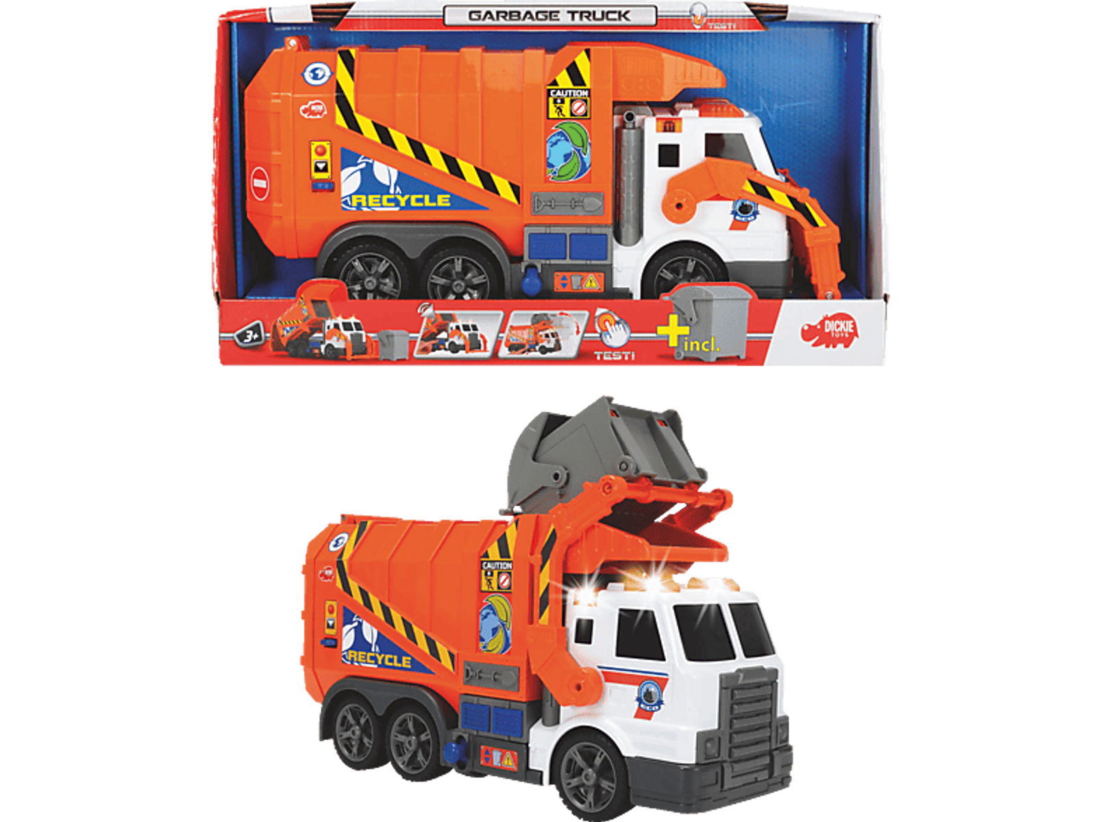Camion poubelle jouet dans une boîte et hors de la boîte, orange et blanc.