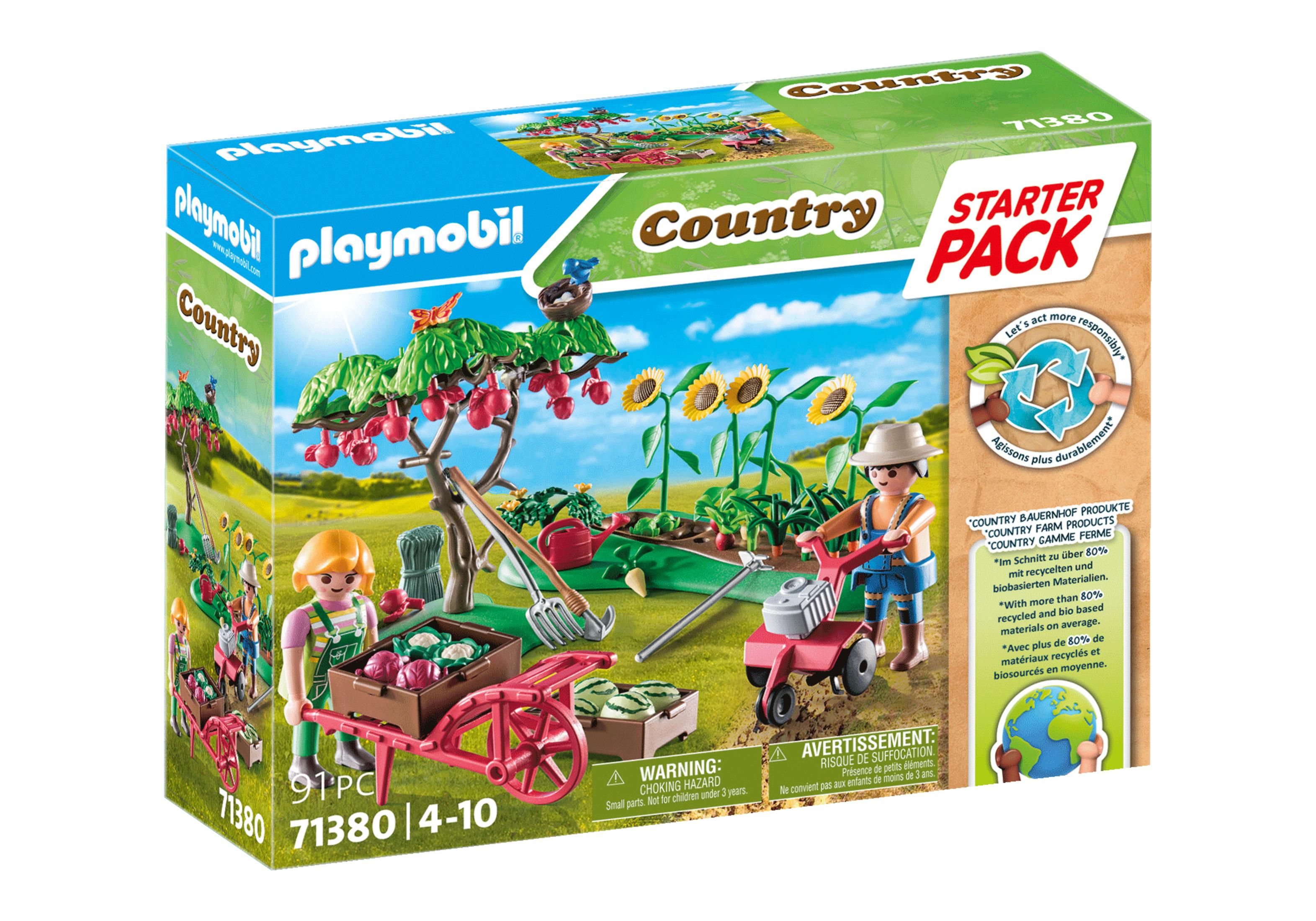 Playmobil Country Starter Pack Box. Enthält Figuren, einen Wagen, Sonnenblumen und Werkzeuge. Helle Farben.