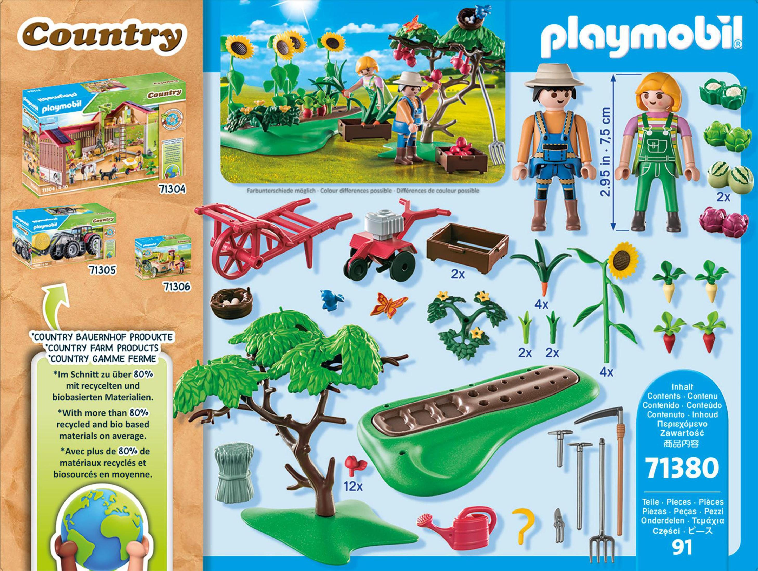 Playmobil-Set mit Bauernfiguren, Gemüse, Werkzeug und einem Traktor. Auf der linken Seite steht Country Farm.
