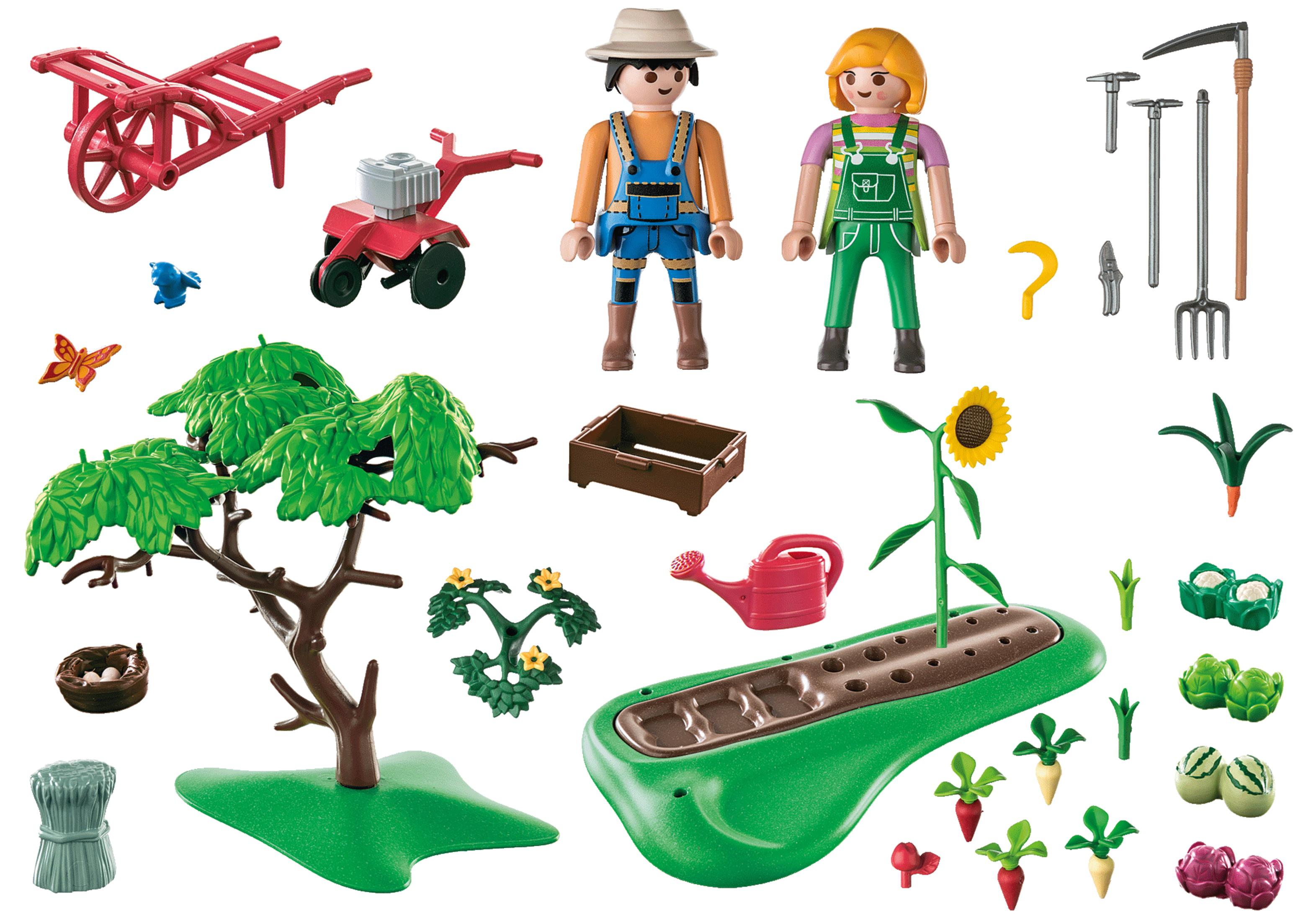 Ein Playmobil-Gartenset mit Bauernfiguren, Werkzeugen, Pflanzen und einem Gartenbeet.