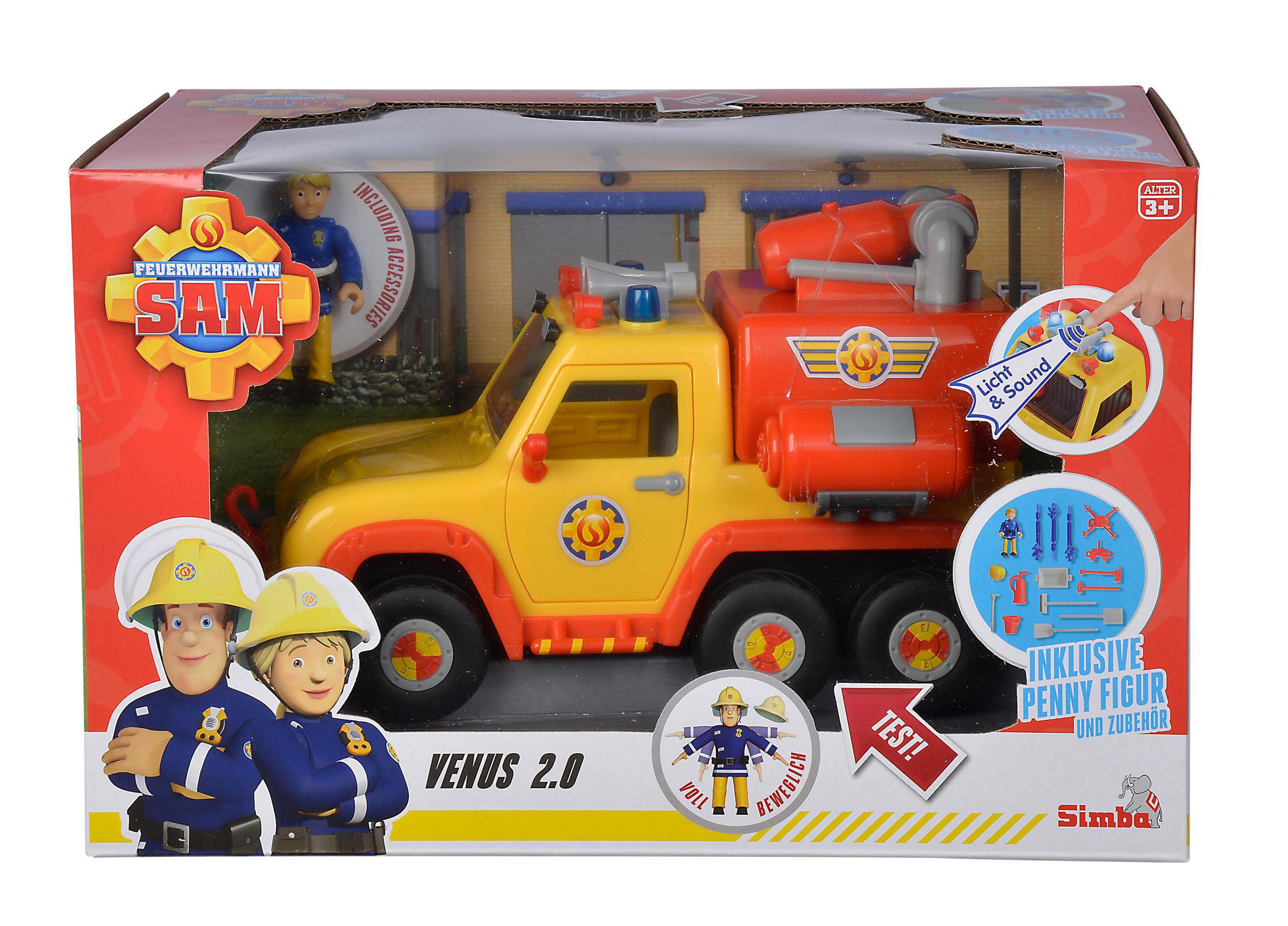 Feuerwehrmann Sam Spielzeug-LKW mit gelber Kabine und rotem Wassertank. Box mit Figuren.