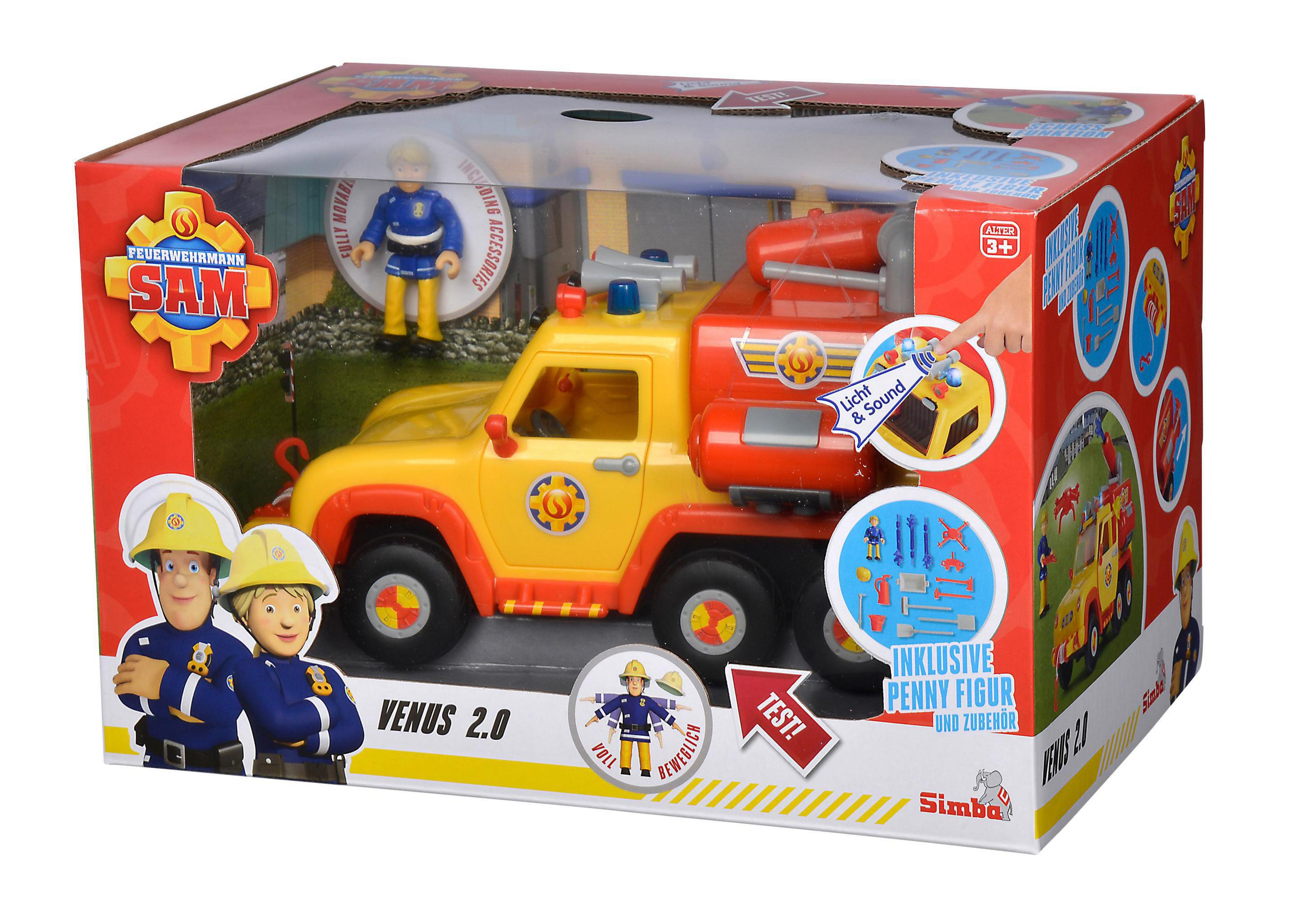 Spielzeugkarton mit Feuerwehrwagen und Figuren. Enthält einen Spielzeug-Feuerwehrwagen und Feuerwehrleute.