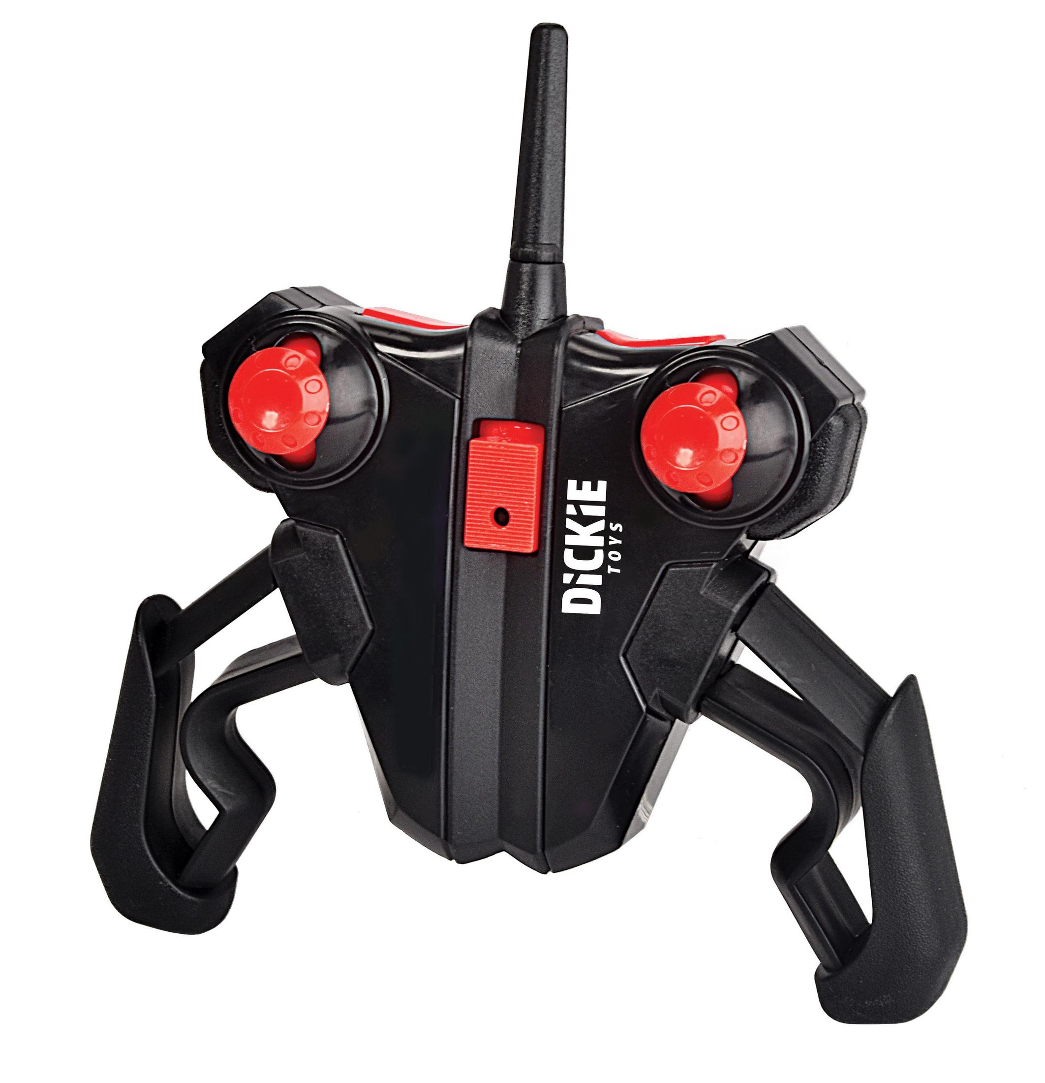 Eine schwarze Fernbedienung mit roten Knöpfen und dem Text 'DICKIE TOYS'. Die Fernbedienung hat ein einzigartiges Design.