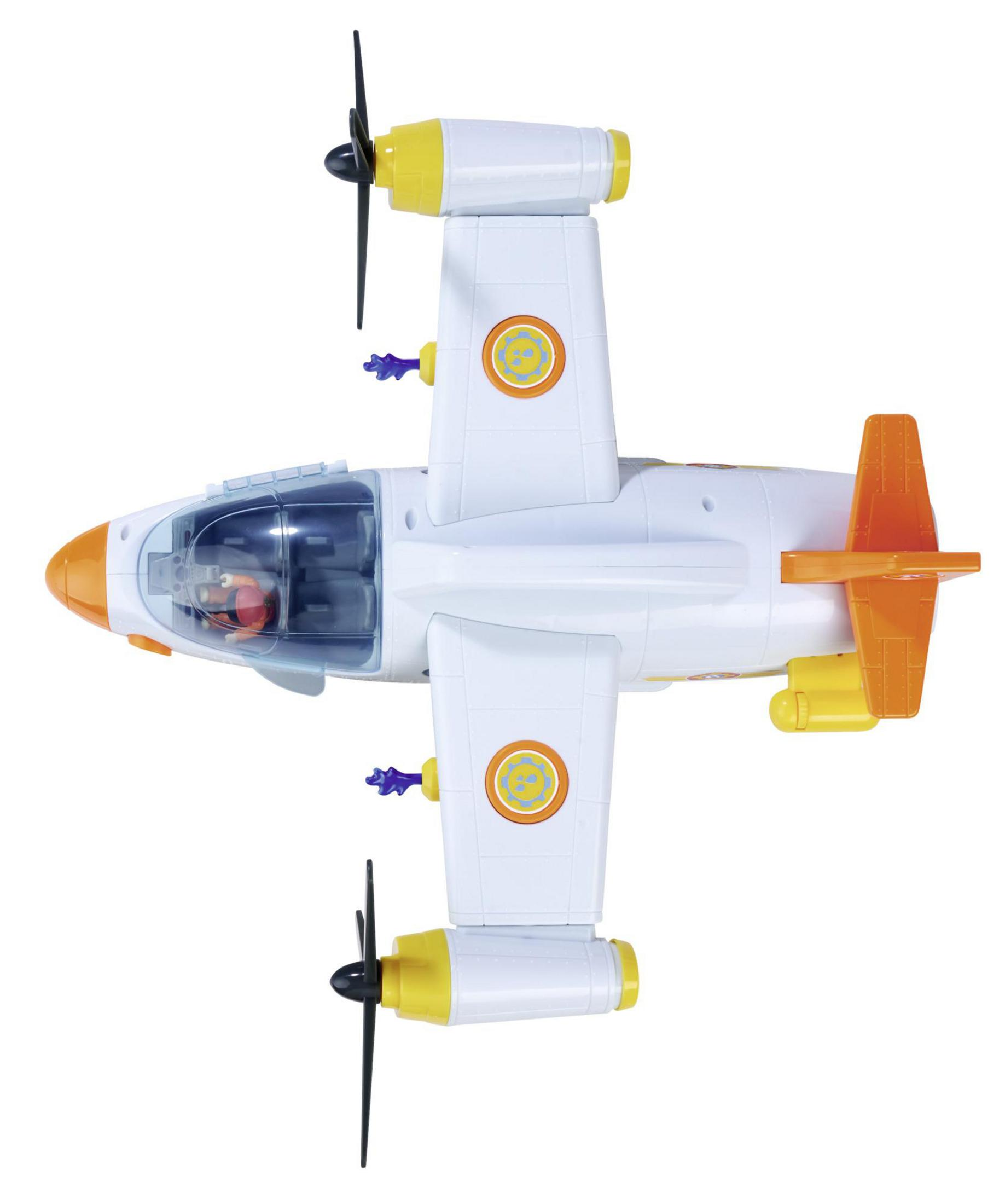 Weißes und orangefarbenes Spielzeugflugzeug mit Propellern.