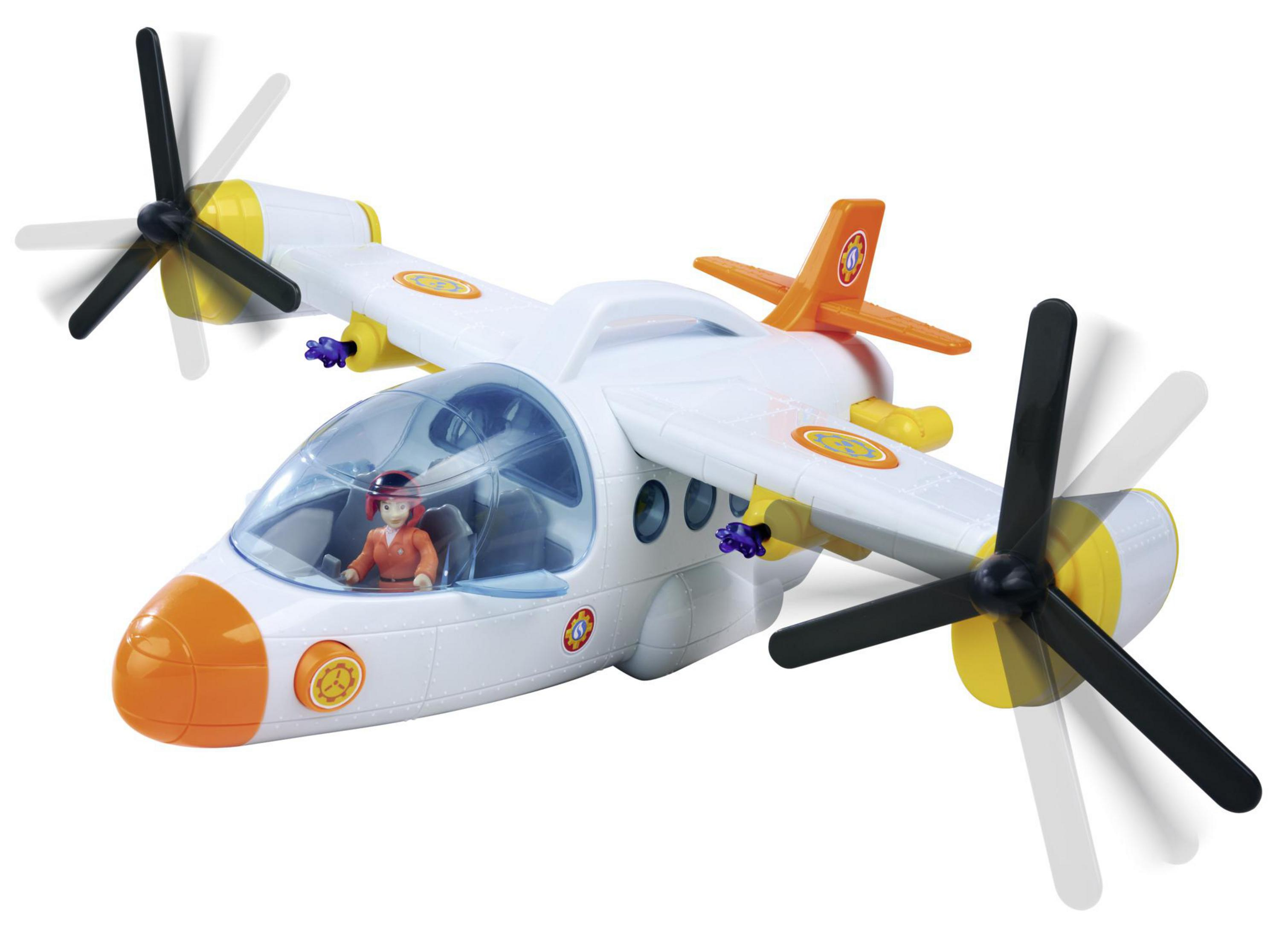 Ein weißes Spielzeugflugzeug mit orangefarbenen Akzenten und sich drehenden Propellern.