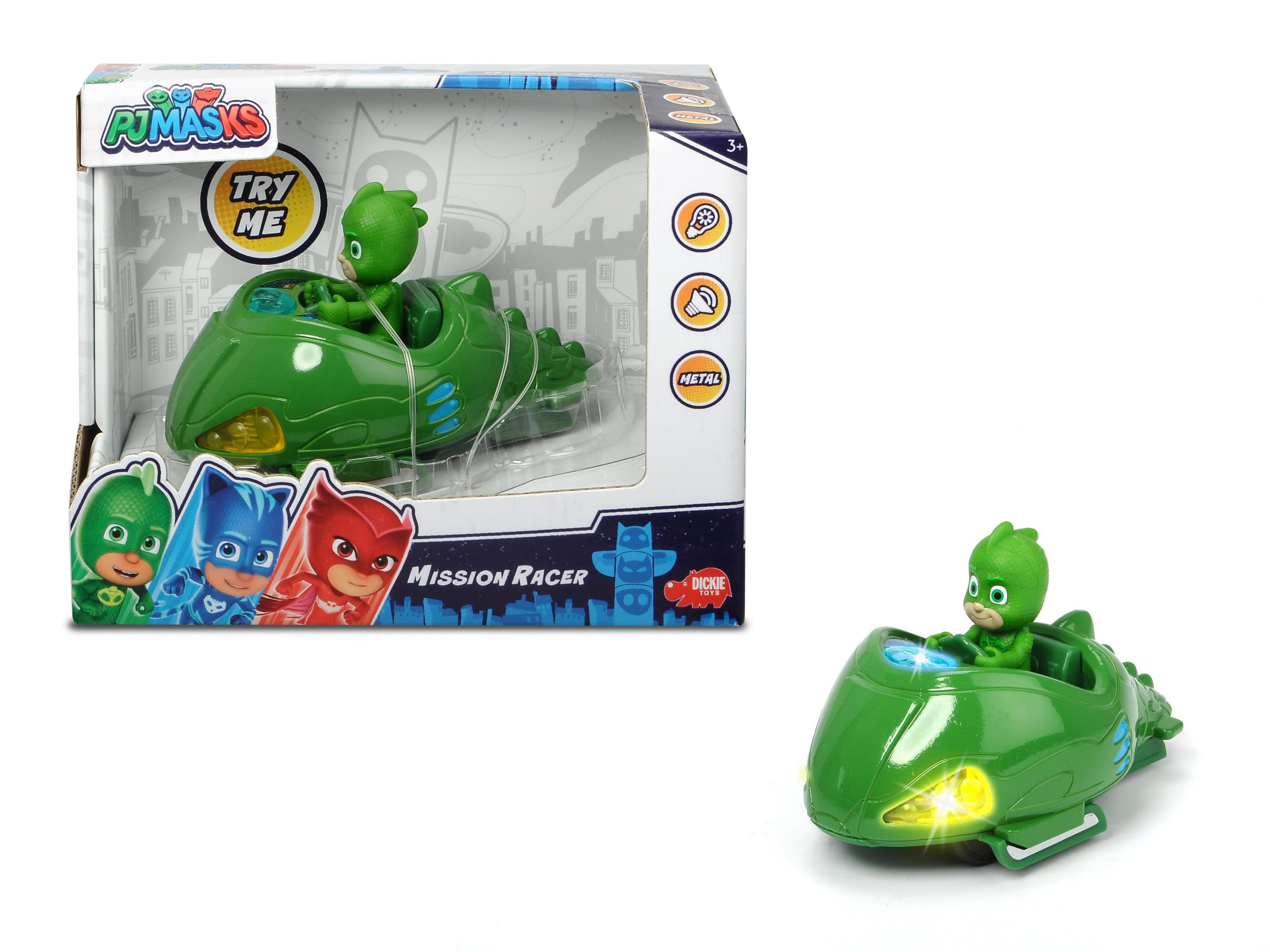 PJ Masks Spielzeugset mit grünem Auto und Gekko-Figur in und aus der Box.