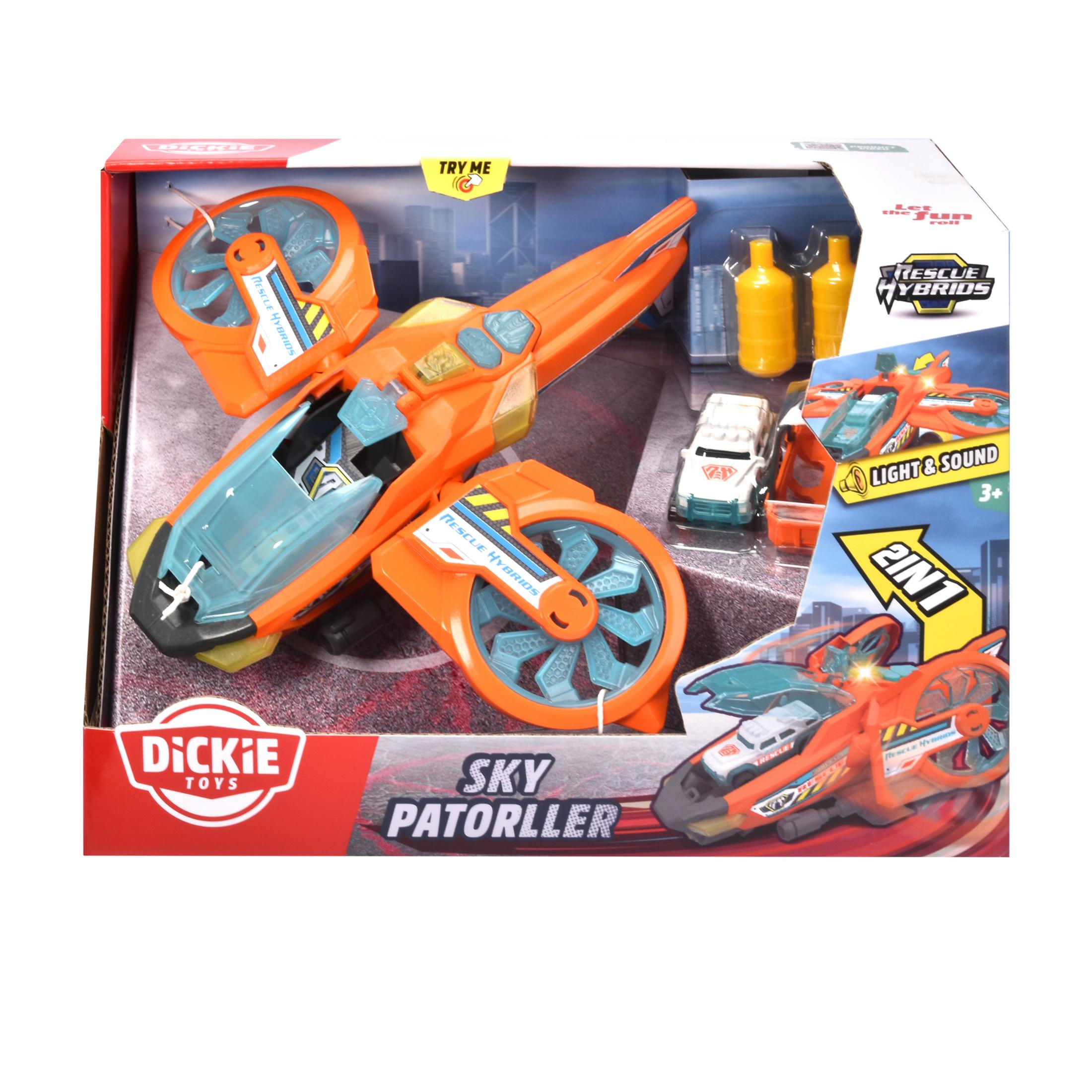 Spielzeug in der Box mit einem orangefarbenen Fahrzeug und zwei kleinen Autos. Enthält einen Hubschrauber.