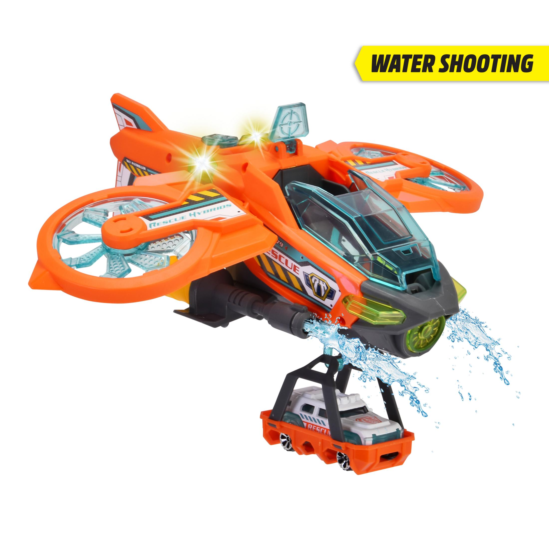 Ein orangefarbenes Spielzeug-Rettungsflugzeug mit Wasserspritzfunktion und ein kleines weißes Rettungsfahrzeug darunter.