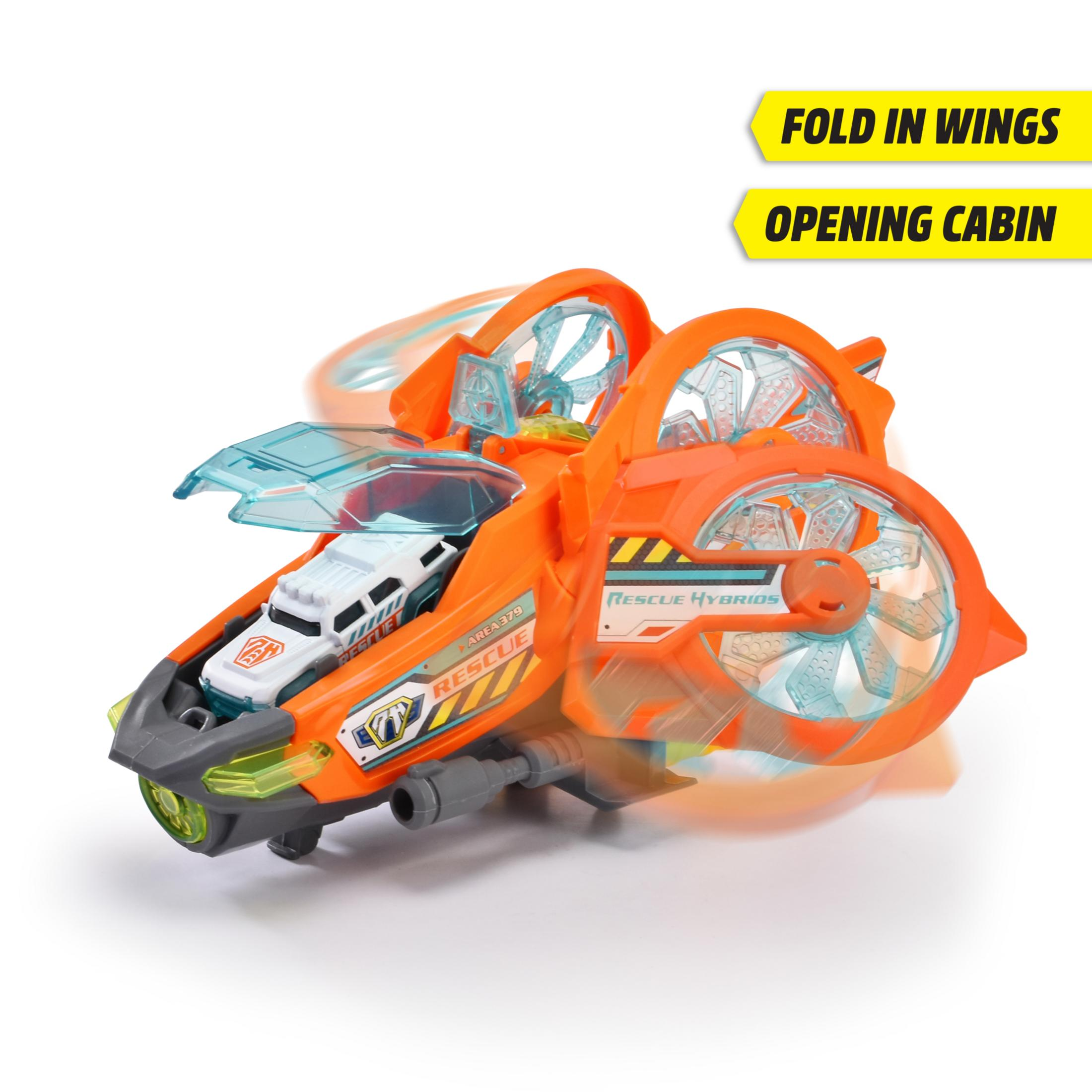 Orangenes Spielzeugflugzeug mit öffnender Kabine und einklappbaren Flügeln. Weißes Auto ist innen.
