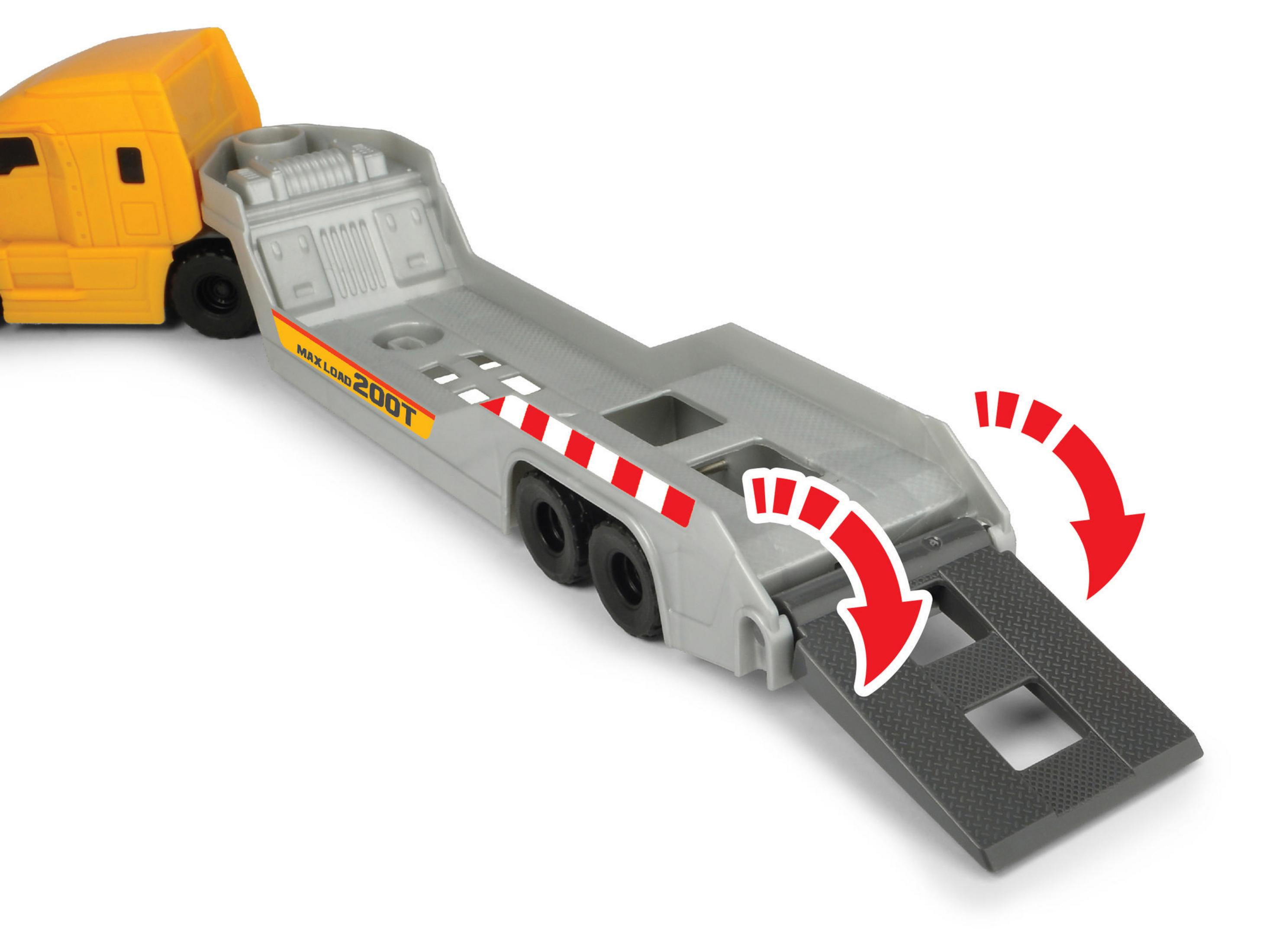 Żółta i szara zabawka ciężarówka z opuszczoną rampą, gotowa do załadunku.