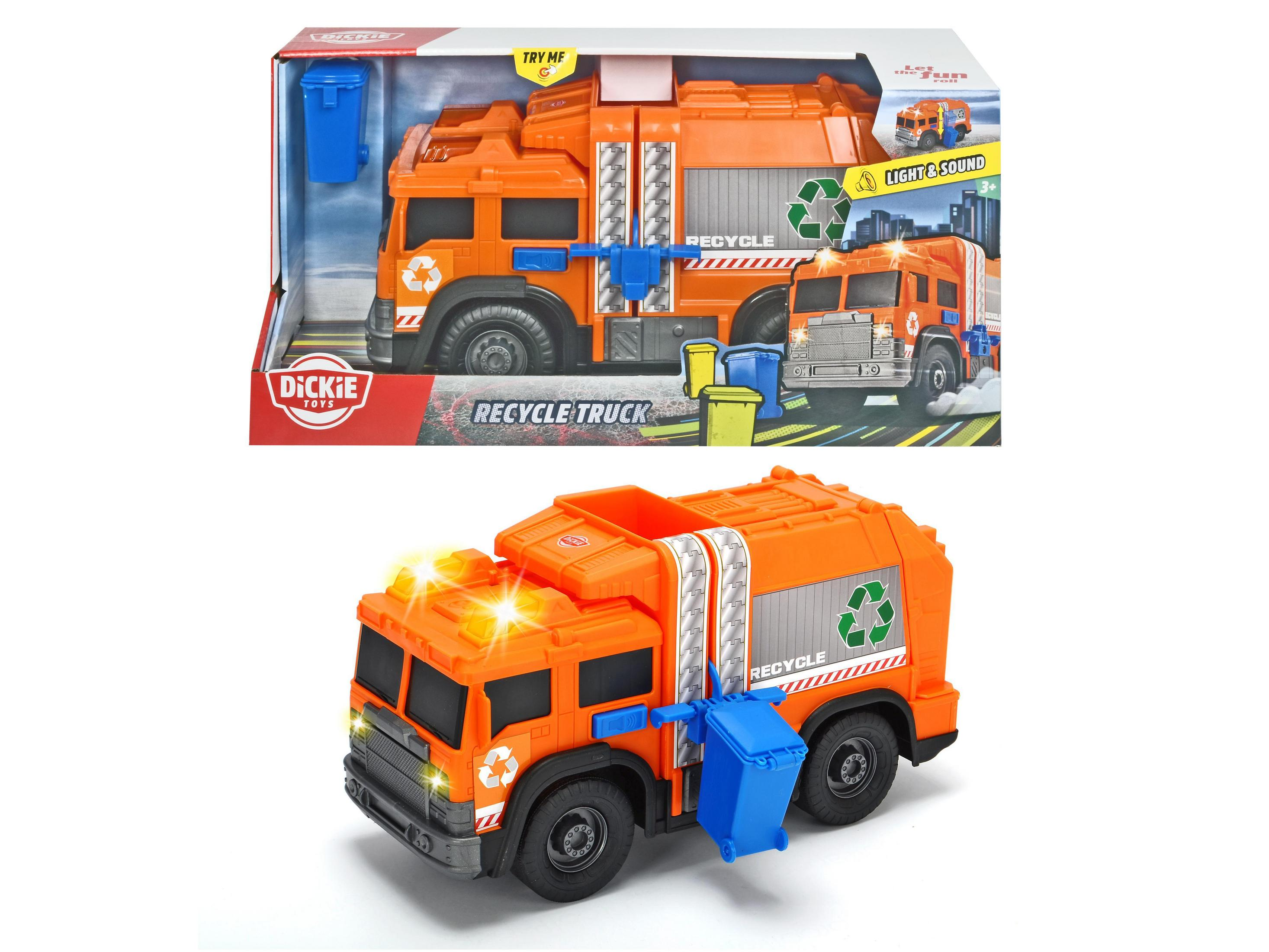 Ein Spielzeug-Recycling-LKW in Orange mit einer Box und einem separaten LKW.