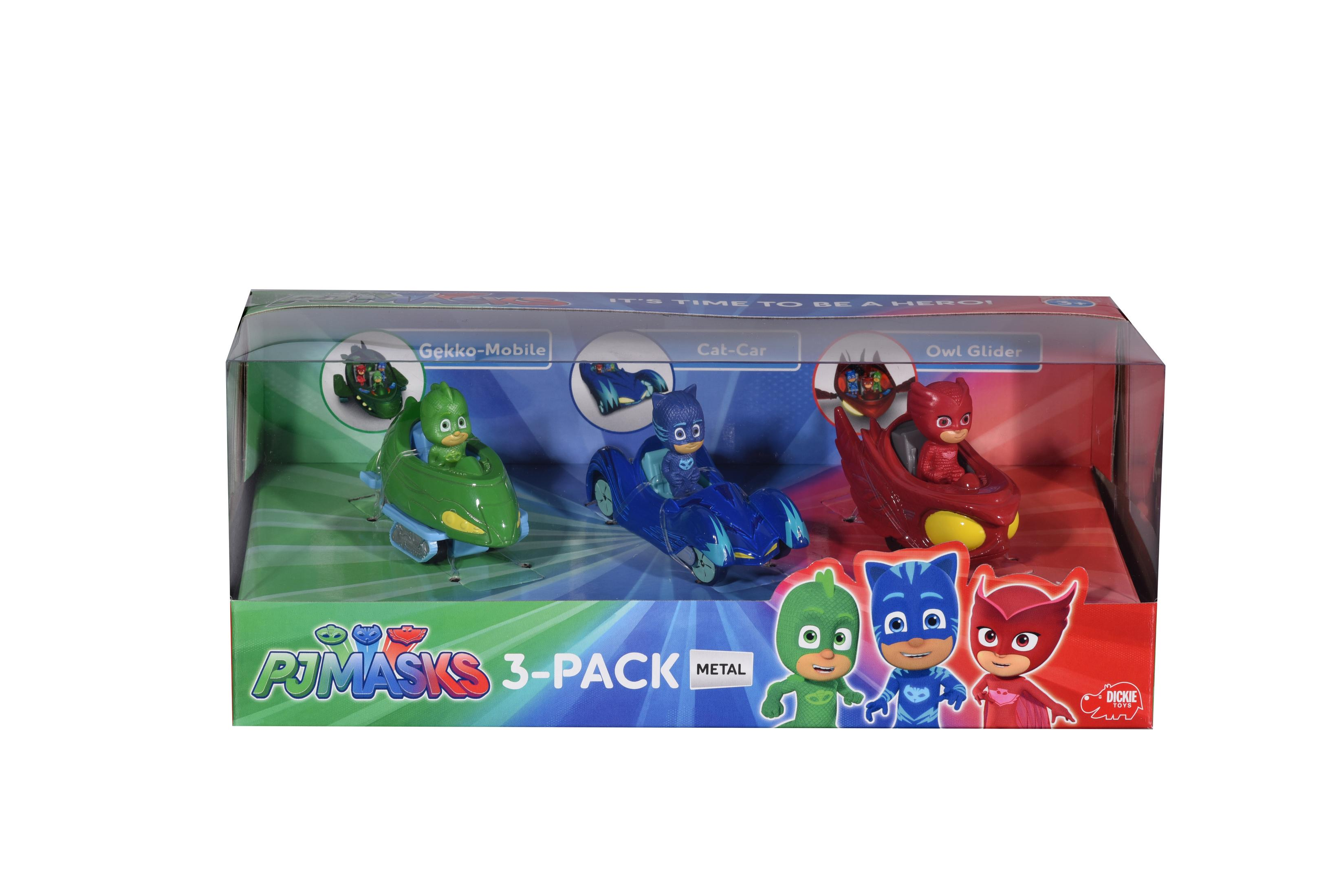 Zestaw 3 zabawek PJ Masks w przezroczystym plastikowym pudełku. Zawiera Gekko-Mobile, Cat-Car i Owl Glider.