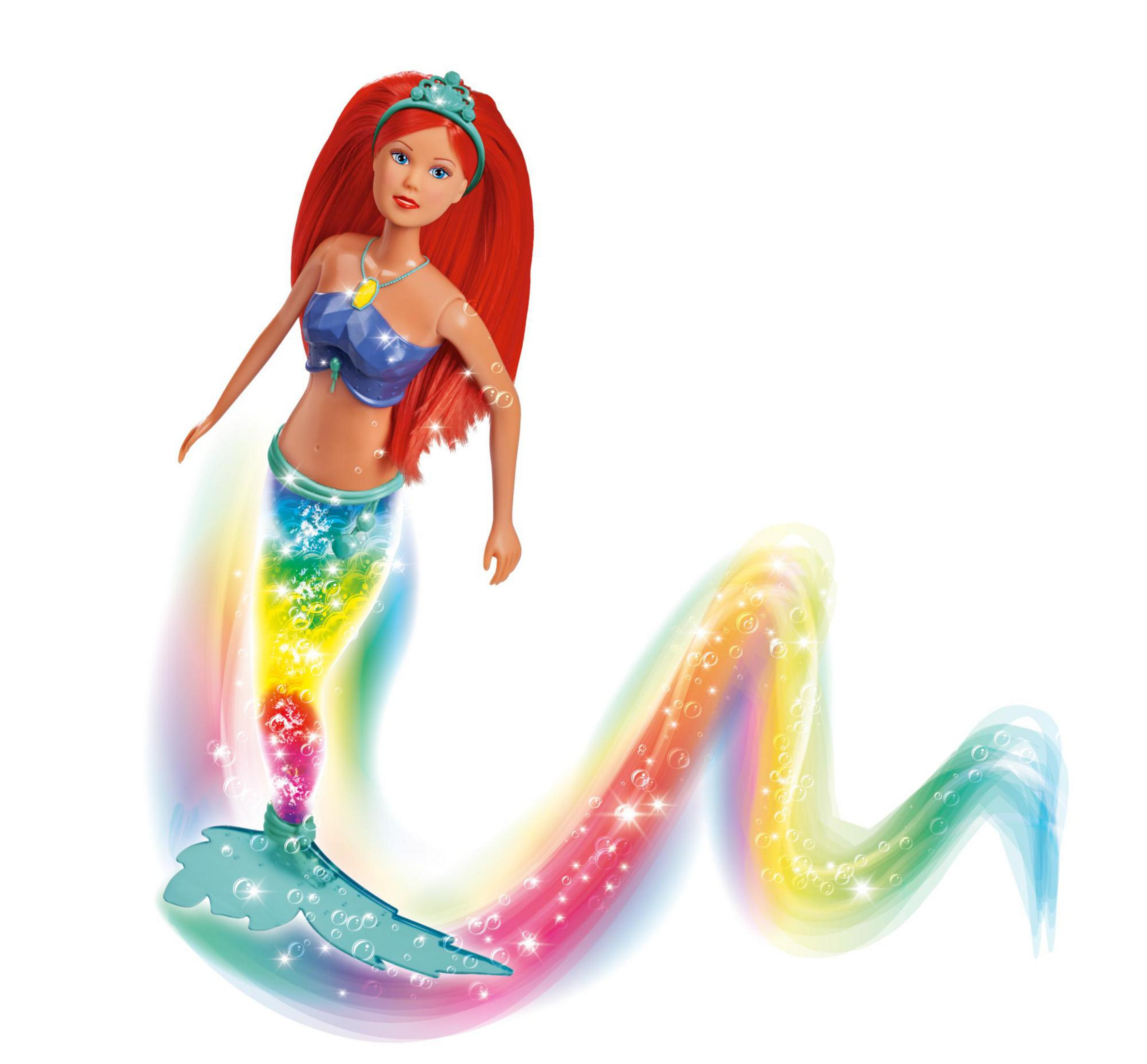 Arielle-Puppe mit Regenbogen-Schwanz. Ein bunter Strom von Blasen erstreckt sich vom Schwanz.