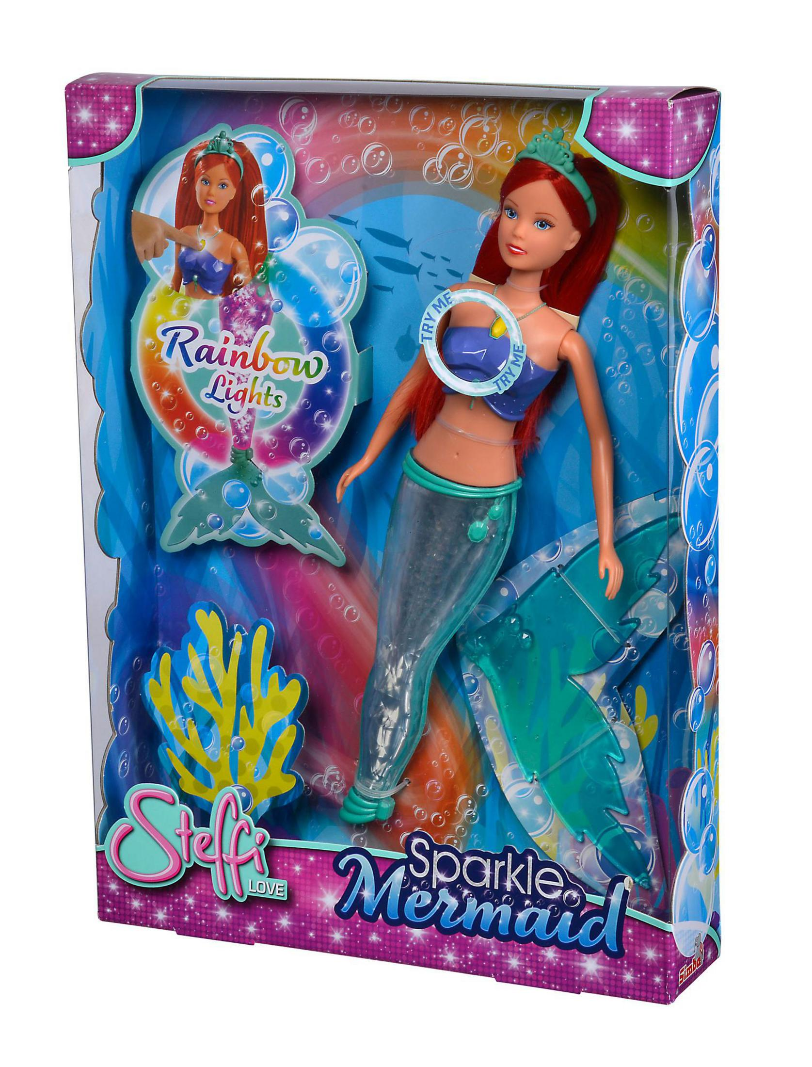 Steffi Love Sparkle Meerjungfrau Puppe in einer Box. Die Puppe ist eine Meerjungfrau mit roten Haaren und einem blauen Oberteil.