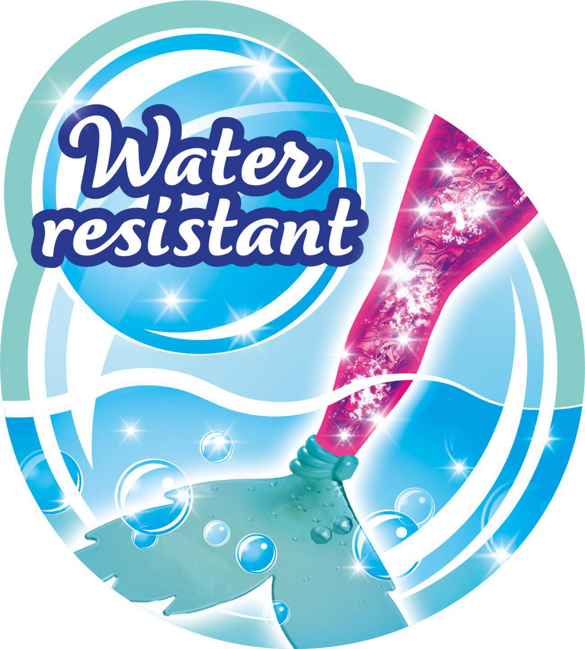 Eine blaue Grafik betont die Wasserbeständigkeit. Ein rotes Objekt mit Wasserspritzeffekt taucht aus dem Wasser auf.