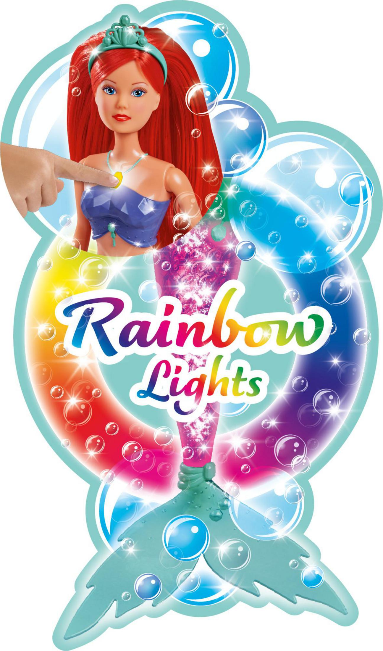 Eine Meerjungfrauenpuppe mit Regenbogenlichtern und eine Hand berührt einen leuchtenden Edelstein.