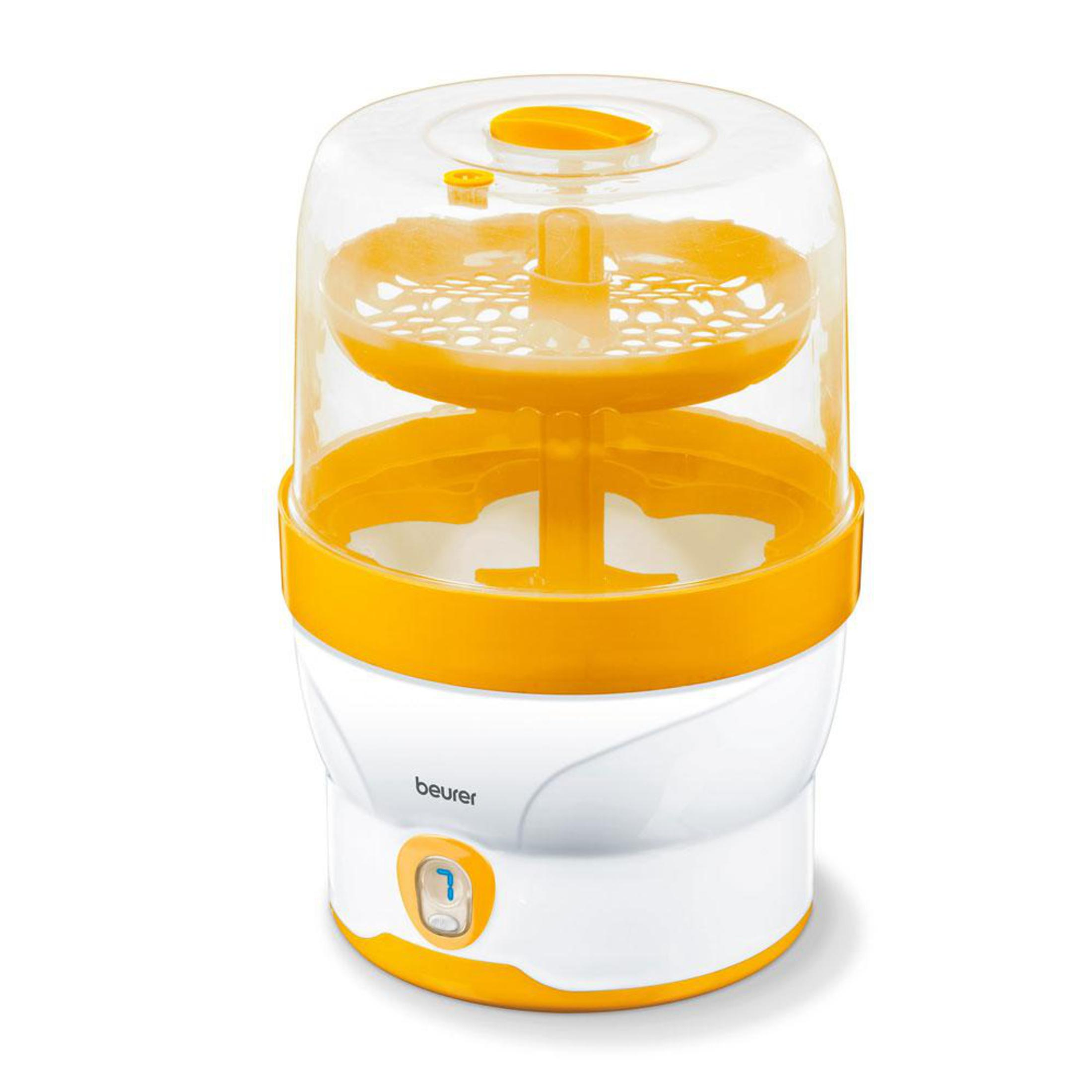 Weiß-gelber Babyflaschensterilisator. Er hat einen durchsichtigen Deckel und einen gelben Sockel.