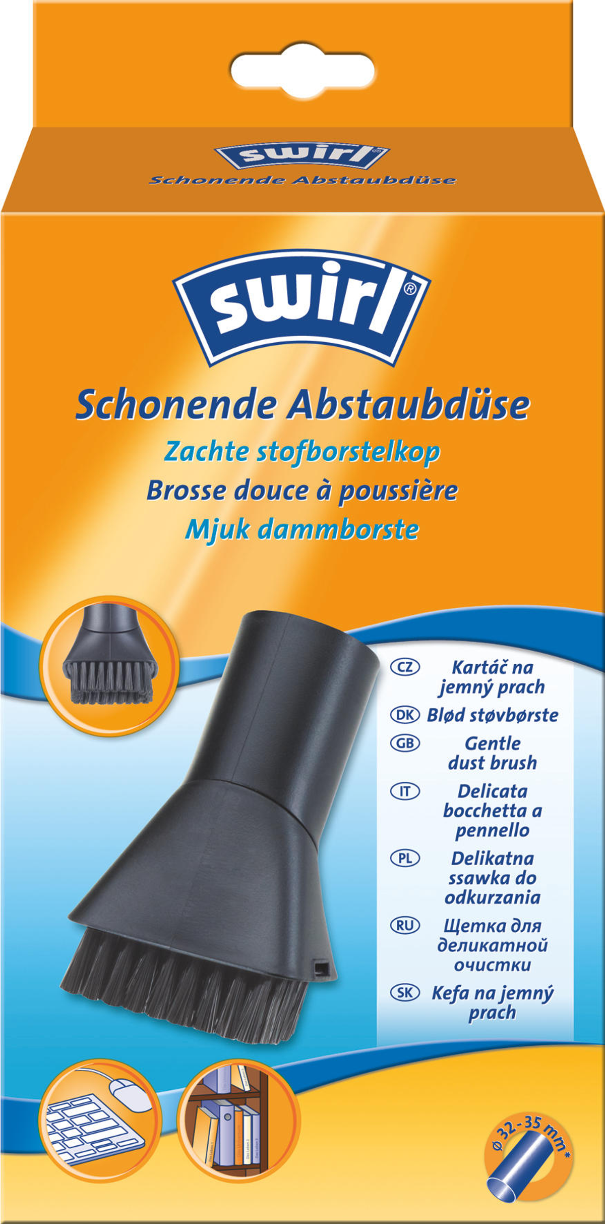 Swirl Staubsauger-Bürstenkopf in einer Box, zeigt die Bürste und Text in mehreren Sprachen.
