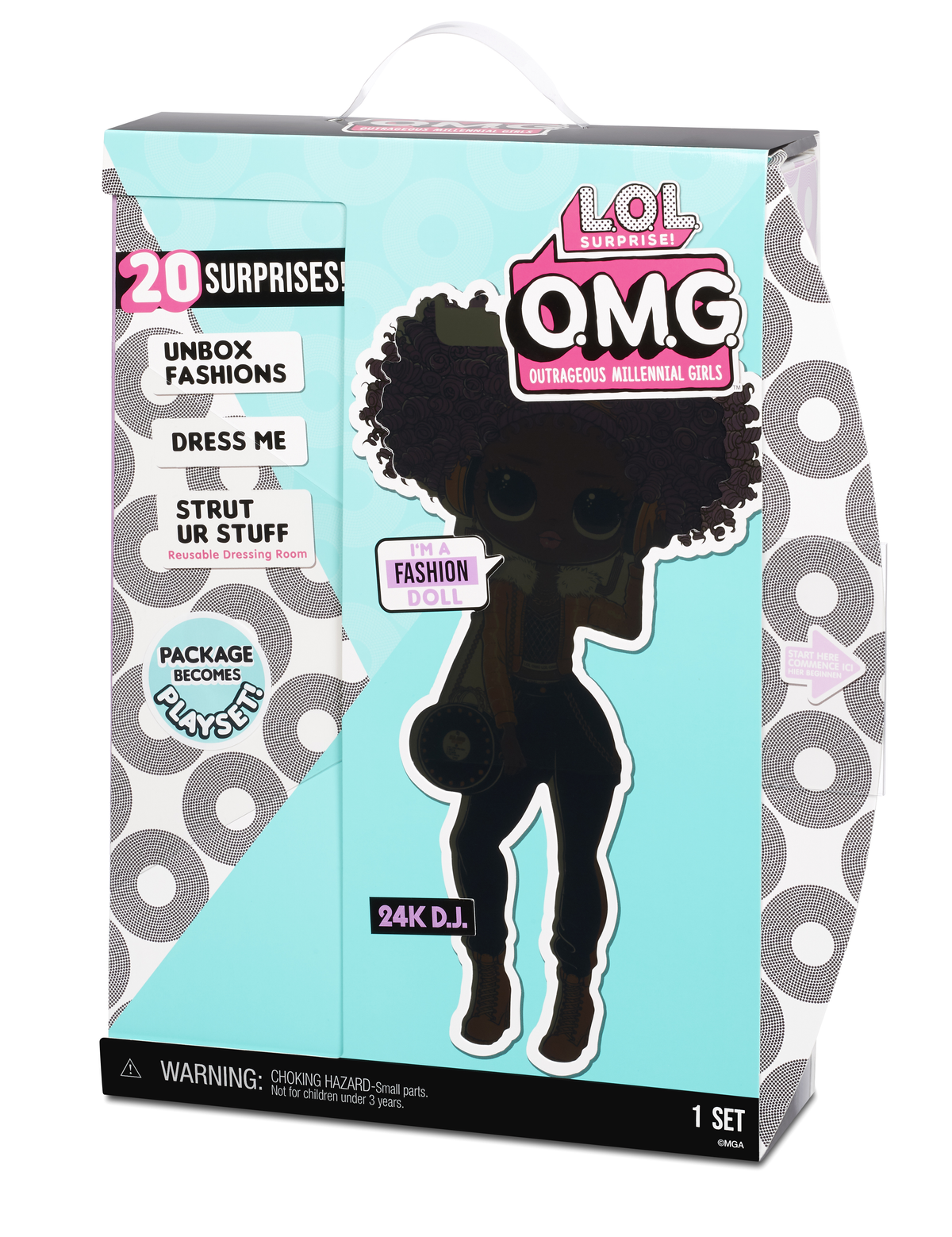 Zapakowana lalka LOL Surprise OMG, czarna lalka z afro, w modnych ubraniach, na białym tle.