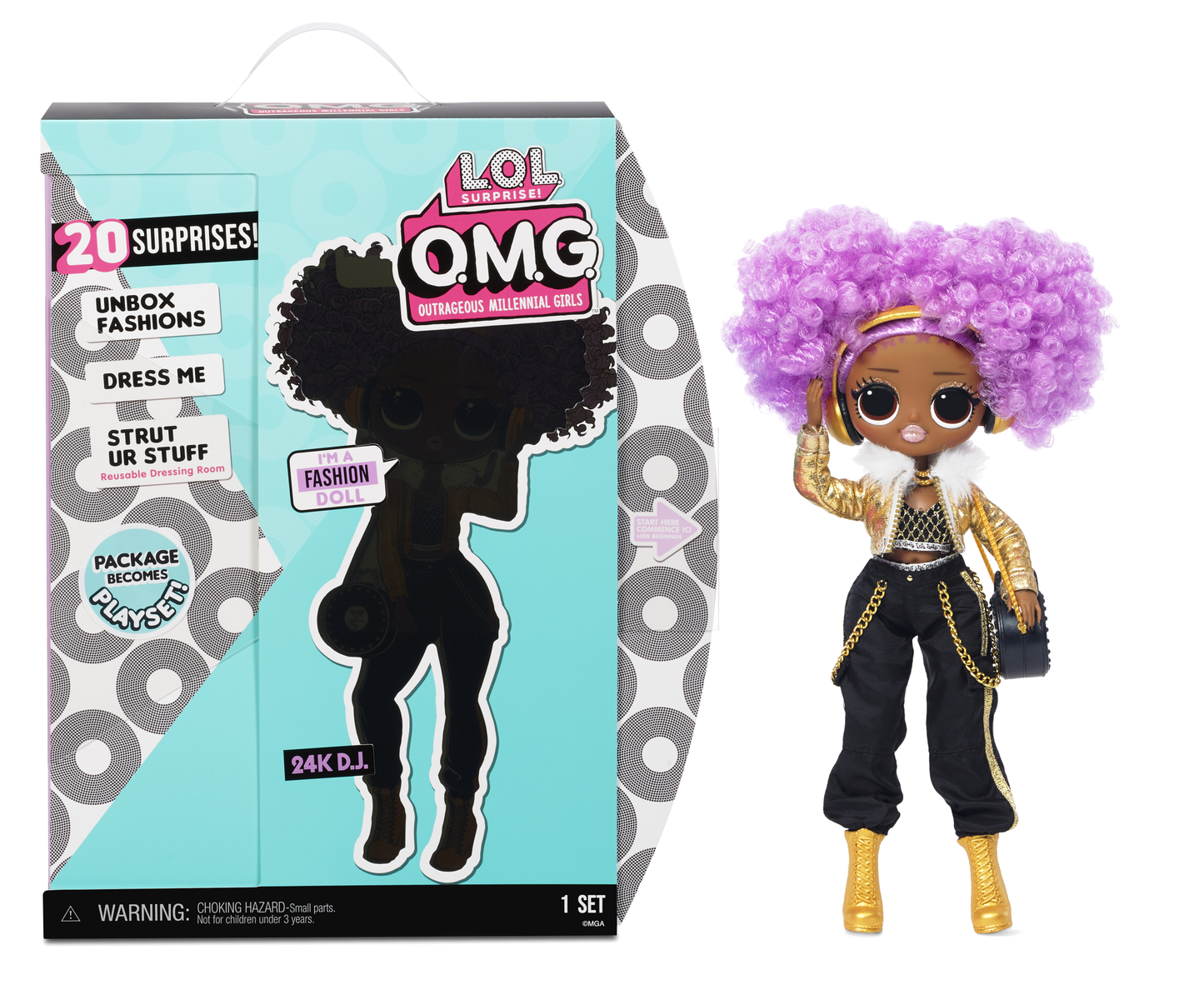 Lalka LOL Surprise OMG. Ma fioletowe włosy, złotą kurtkę i czarne spodnie.