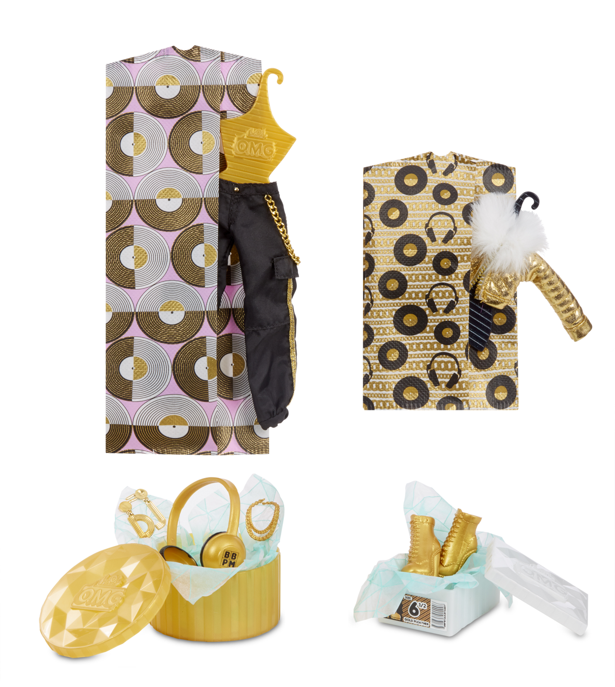 Akcesoria dla lalek modowych na białym tle. Zawiera ubrania, buty i pudełko.