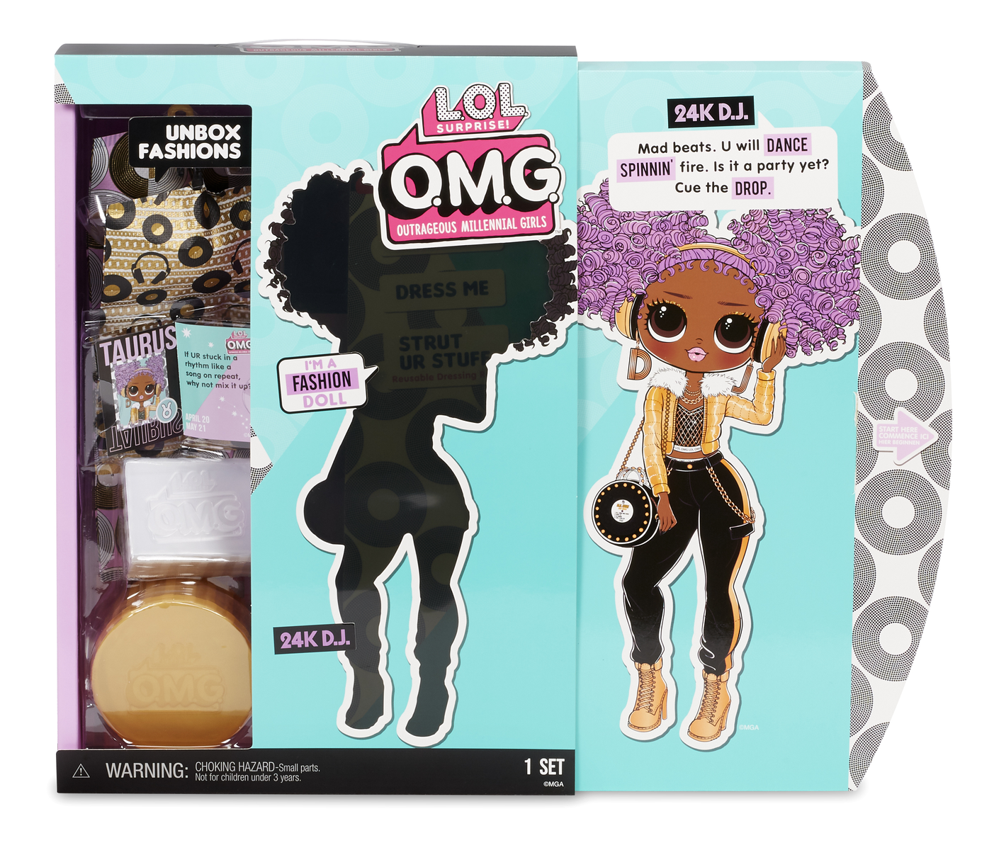 Zestaw lalek LOL Surprise w pudełku z lalką, akcesoriami i tekstem. Białe tło.