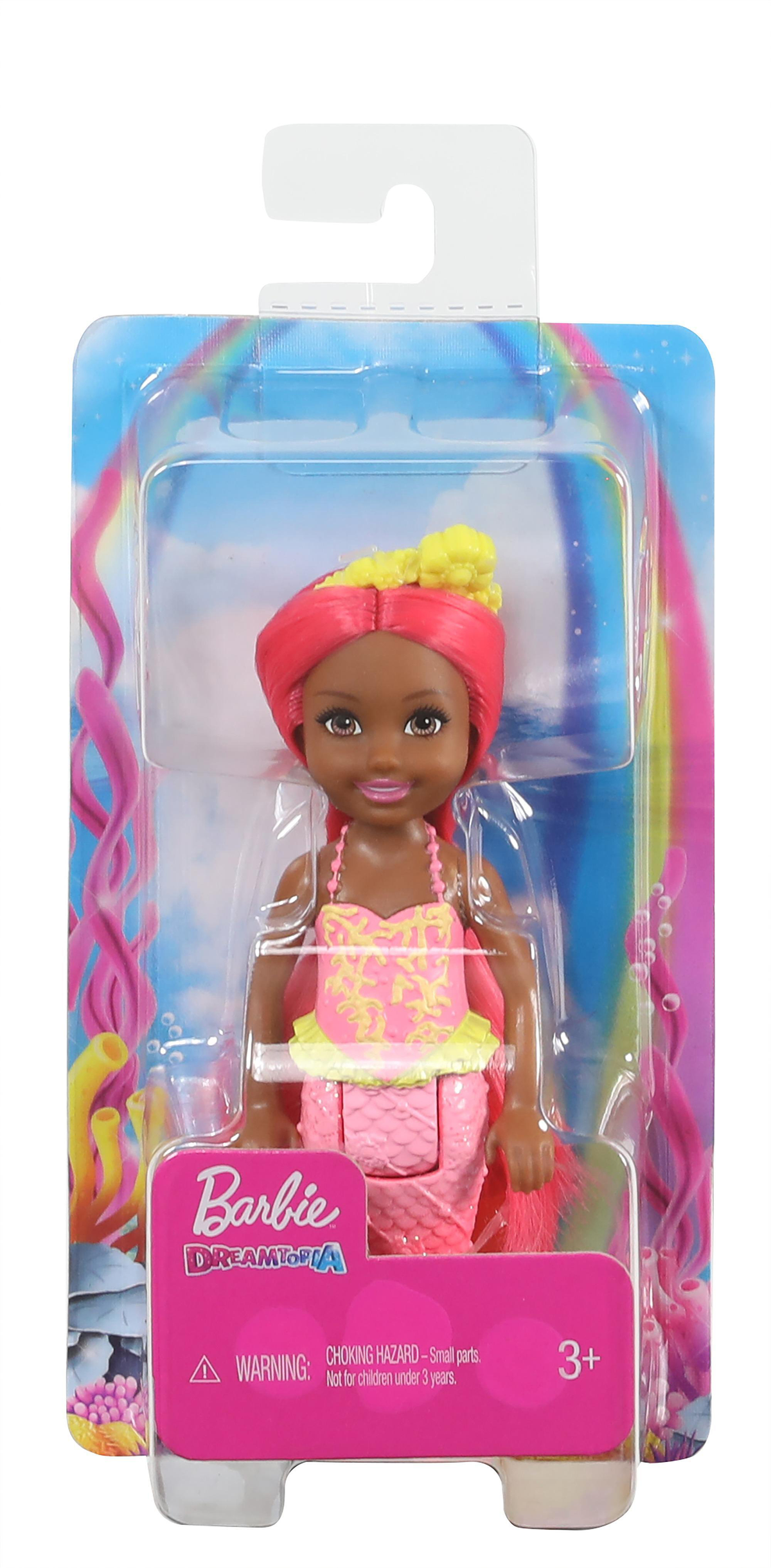 Barbie Dreamtopia Meerjungfrauenpuppe in Verpackung. Eine Meerjungfrauenpuppe mit rosa und gelben Haaren und Schwanz.