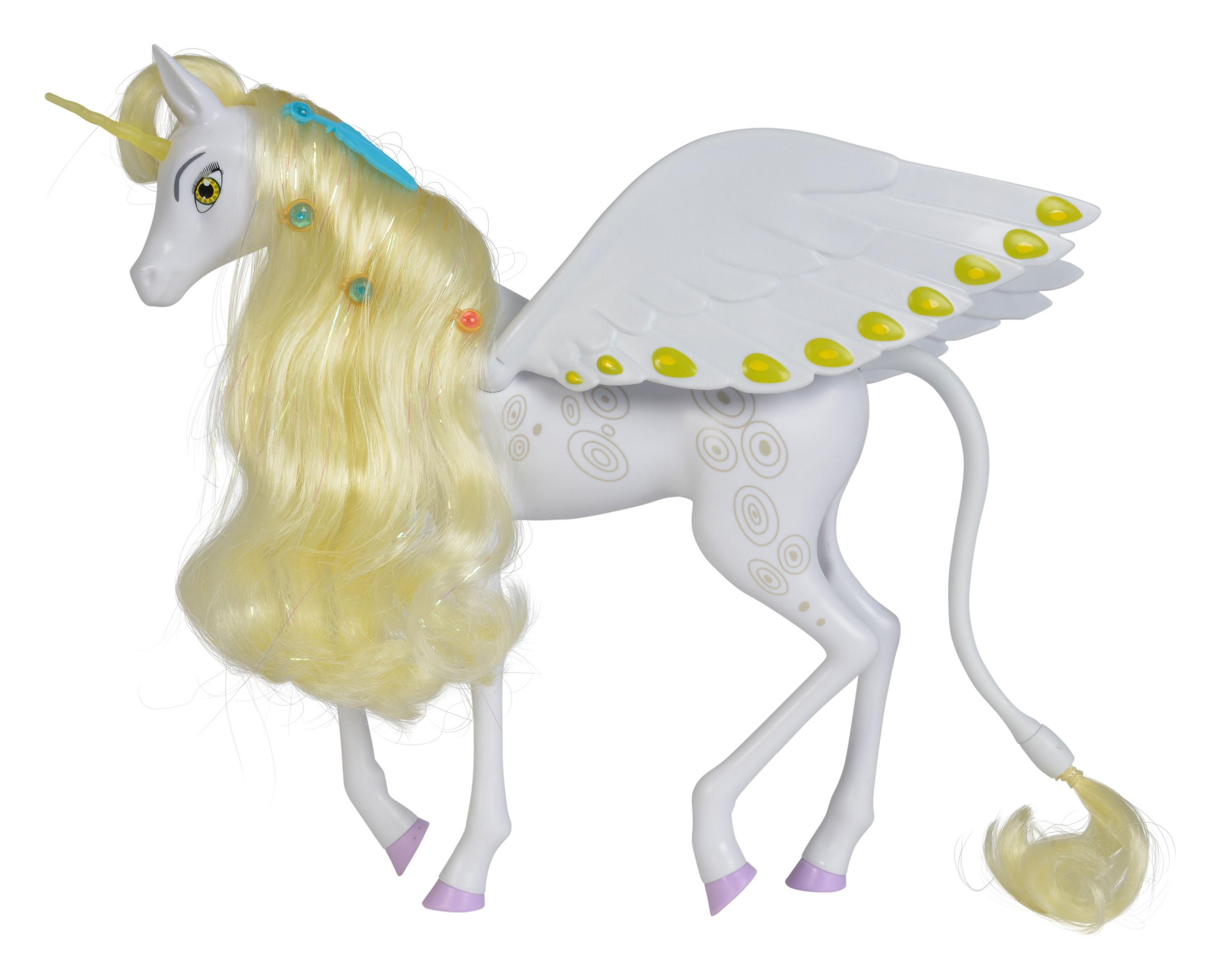 Ein weißes Einhornspielzeug mit gelbem Horn und fließendem blonden Haar. Weiße Flügel.