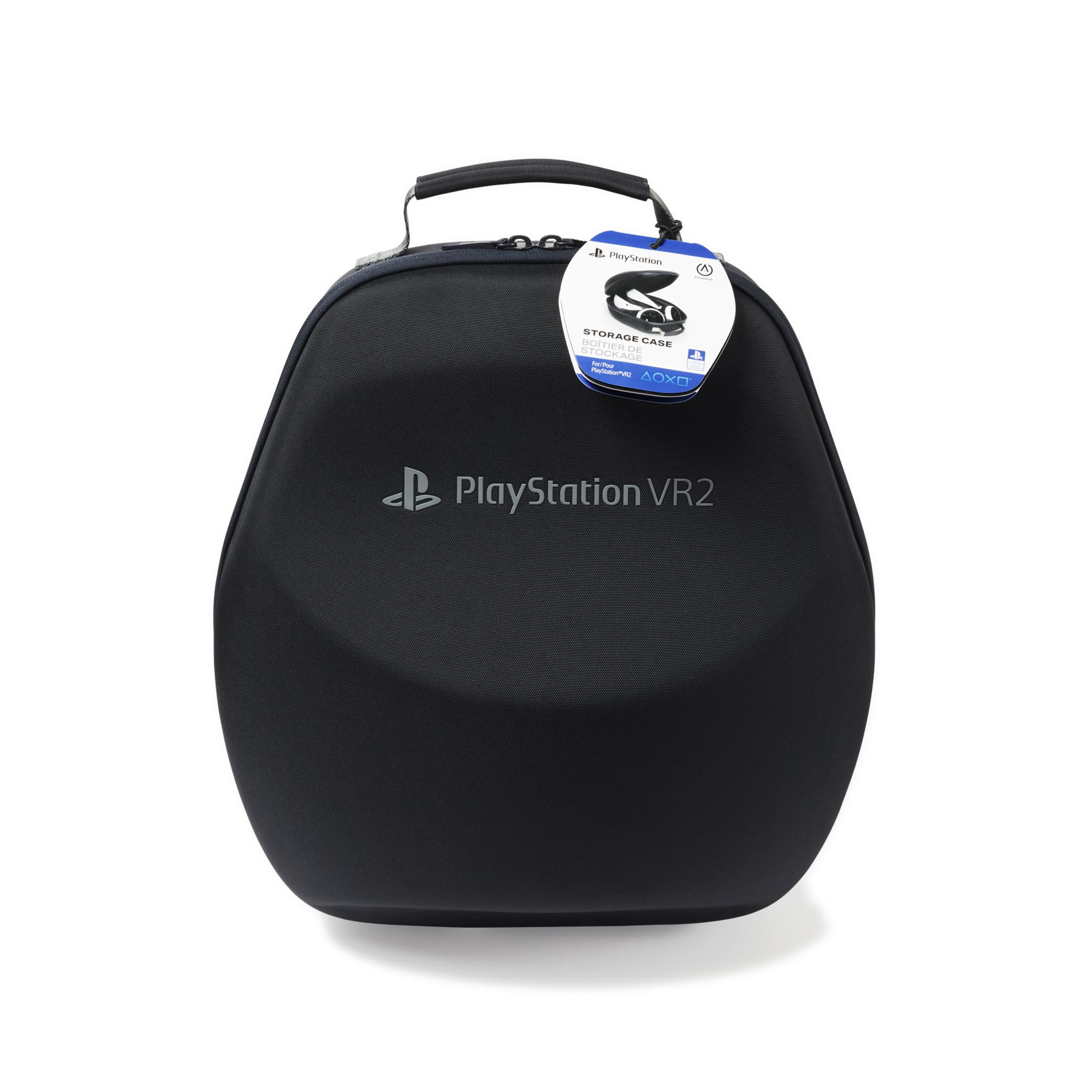 Czarny futerał do przechowywania PlayStation VR2 z uchwytem i etykietą.