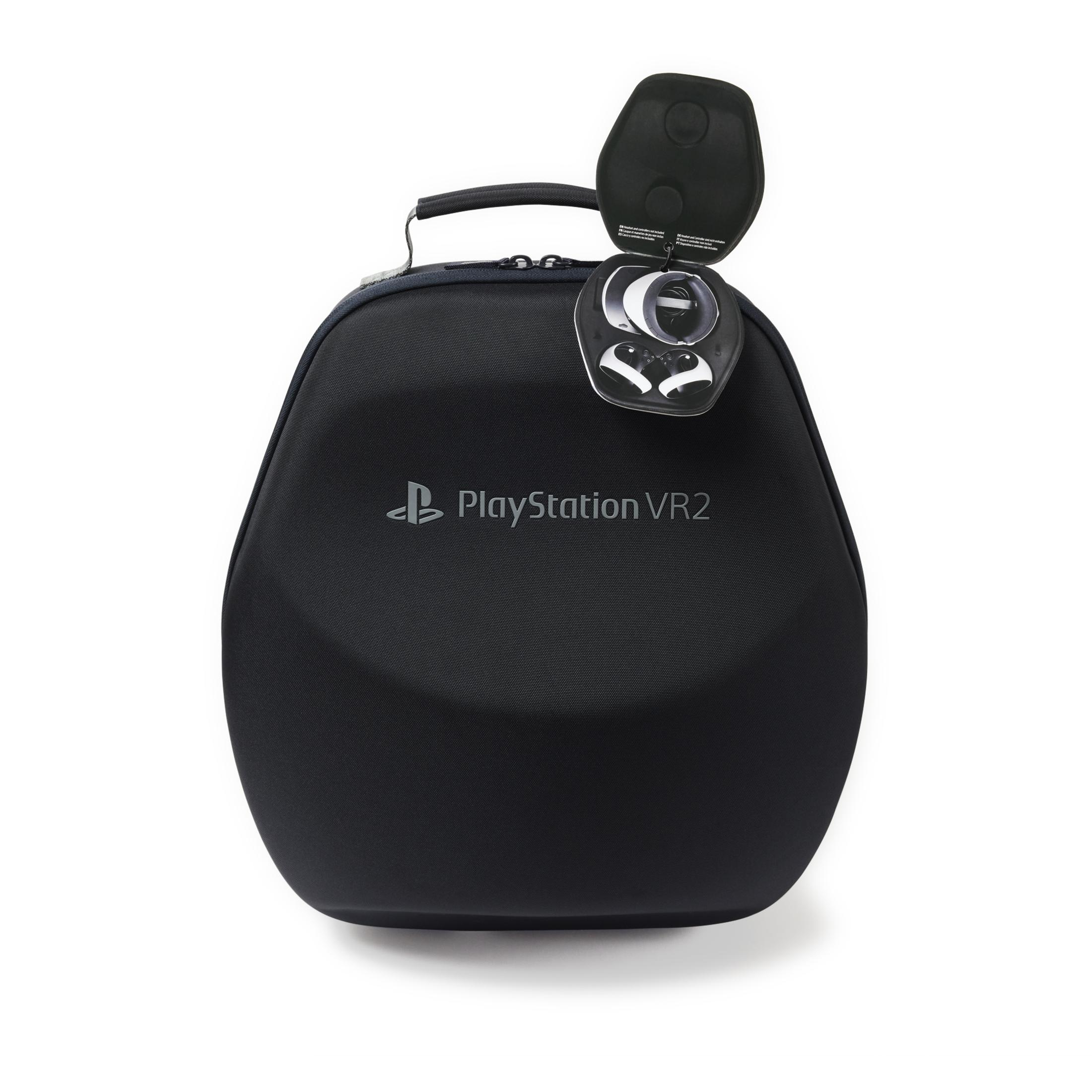 Czarny futerał do przechowywania PlayStation VR2, otwarty, z etykietą.