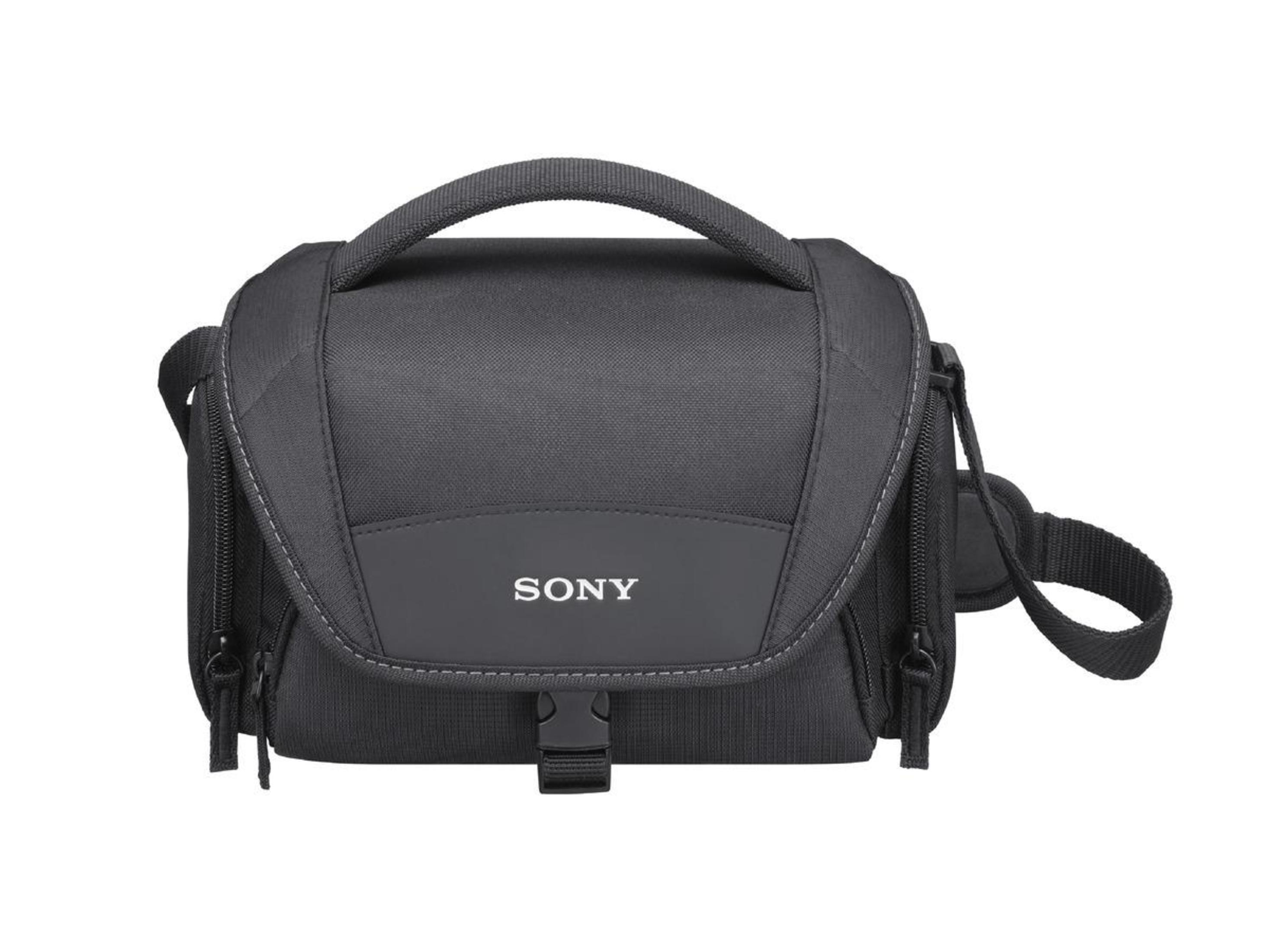 Schwarze Kameratasche mit dem 'SONY'-Logo und Schulterriemen.