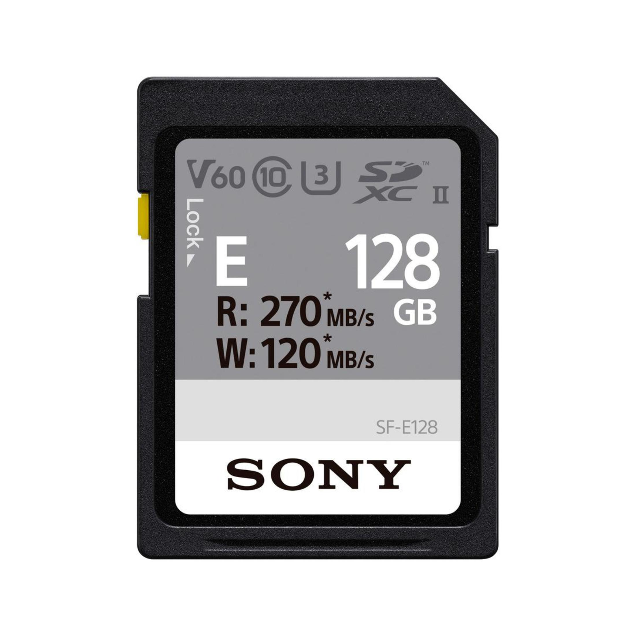 Schwarze SD-Karte mit der Aufschrift V60, 128 GB, Markenname Sony.