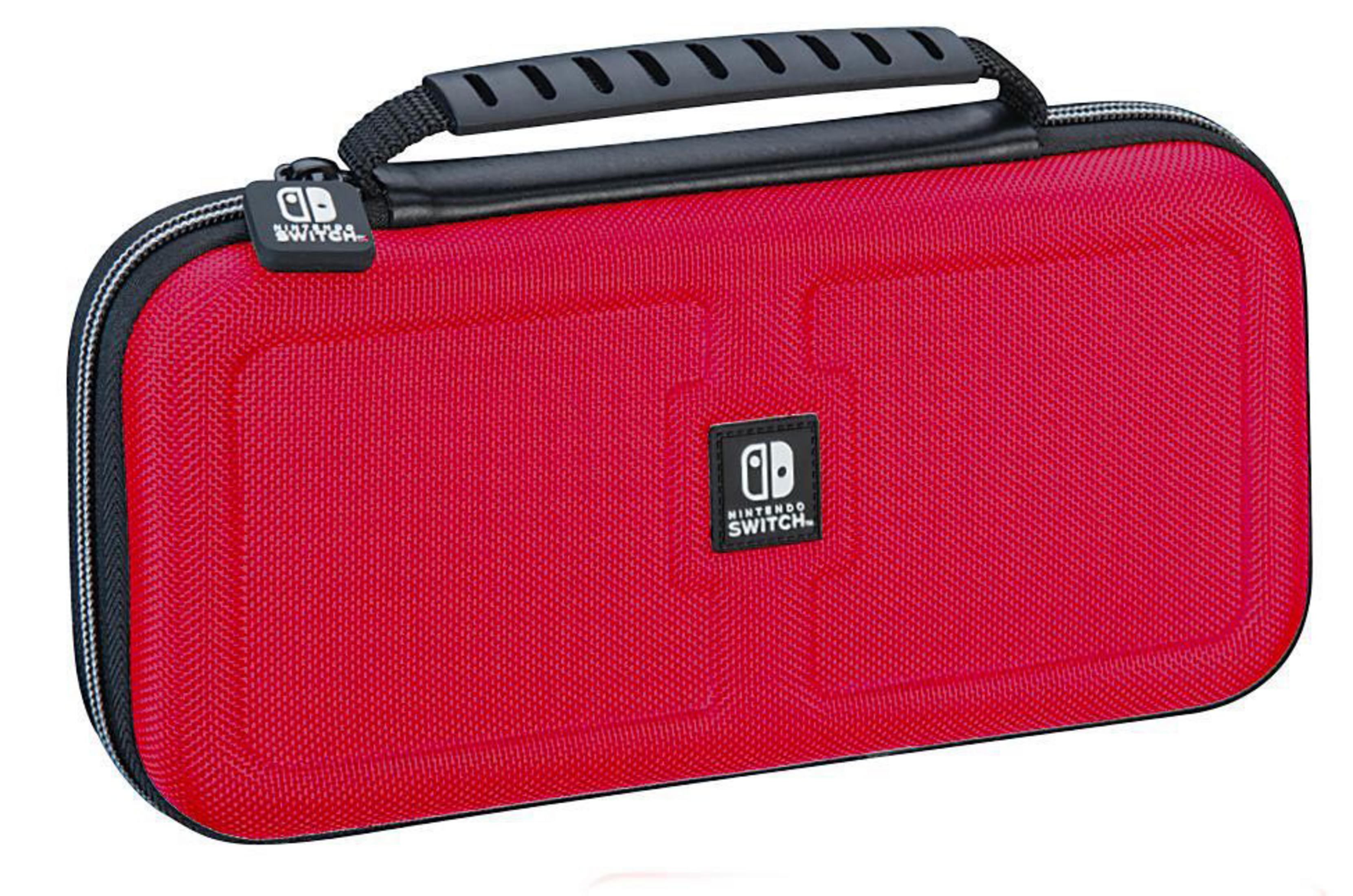 Custodia da viaggio Nintendo Switch rossa con manico e cerniera neri e logo Nintendo Switch sul davanti.