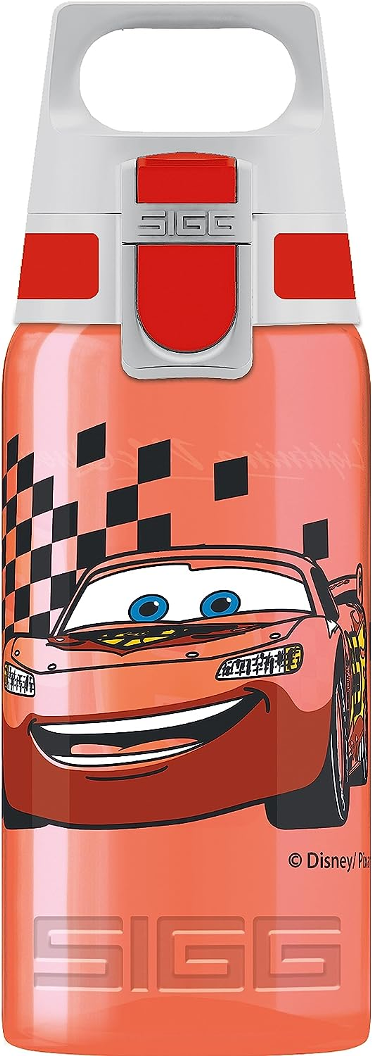 Eine rot-orangefarbene Wasserflasche mit einem Lightning McQueen-Design aus dem Film Cars.