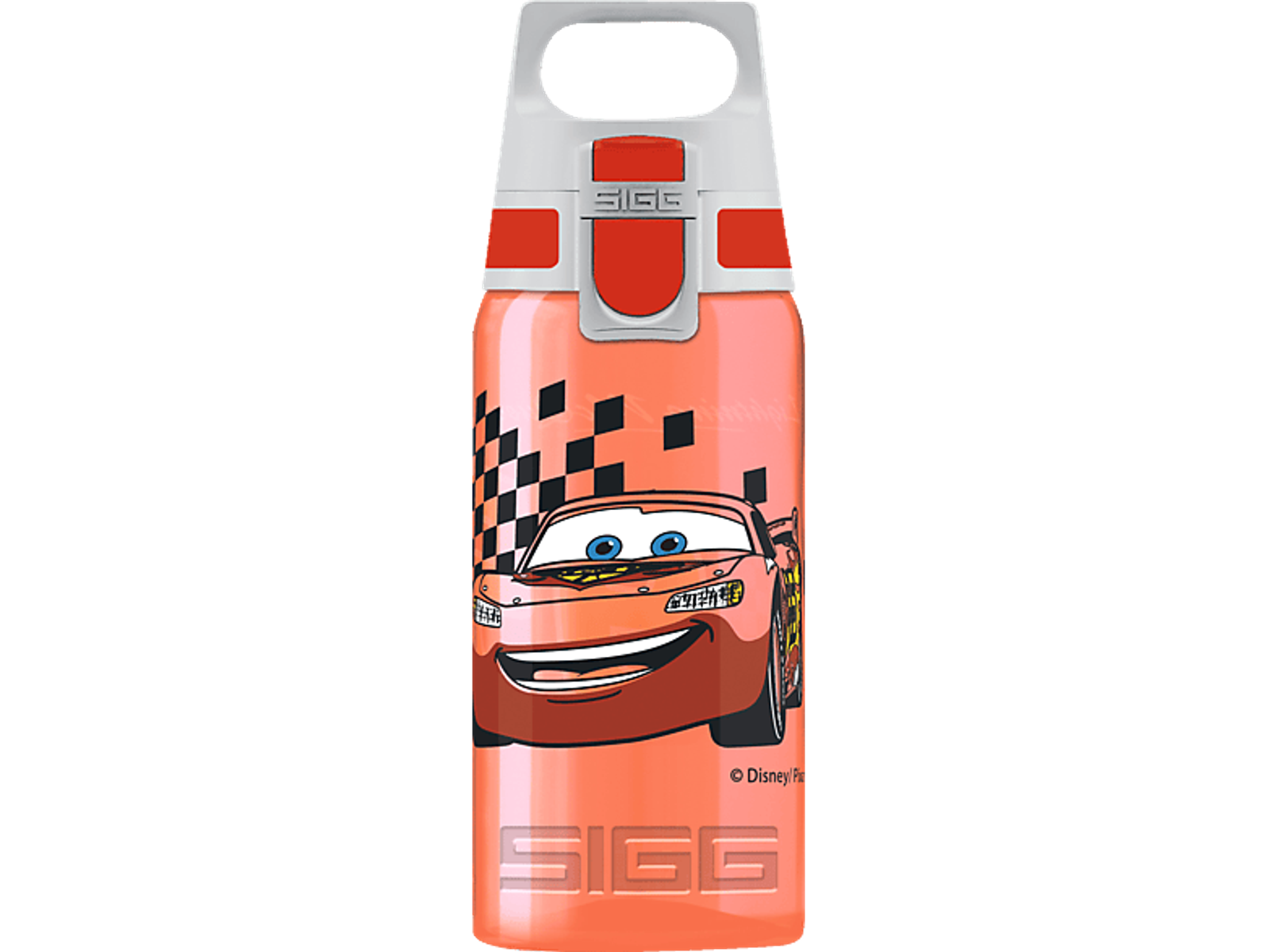 Rote Wasserflasche mit Lightning McQueen. Weißer Deckel und Griff.