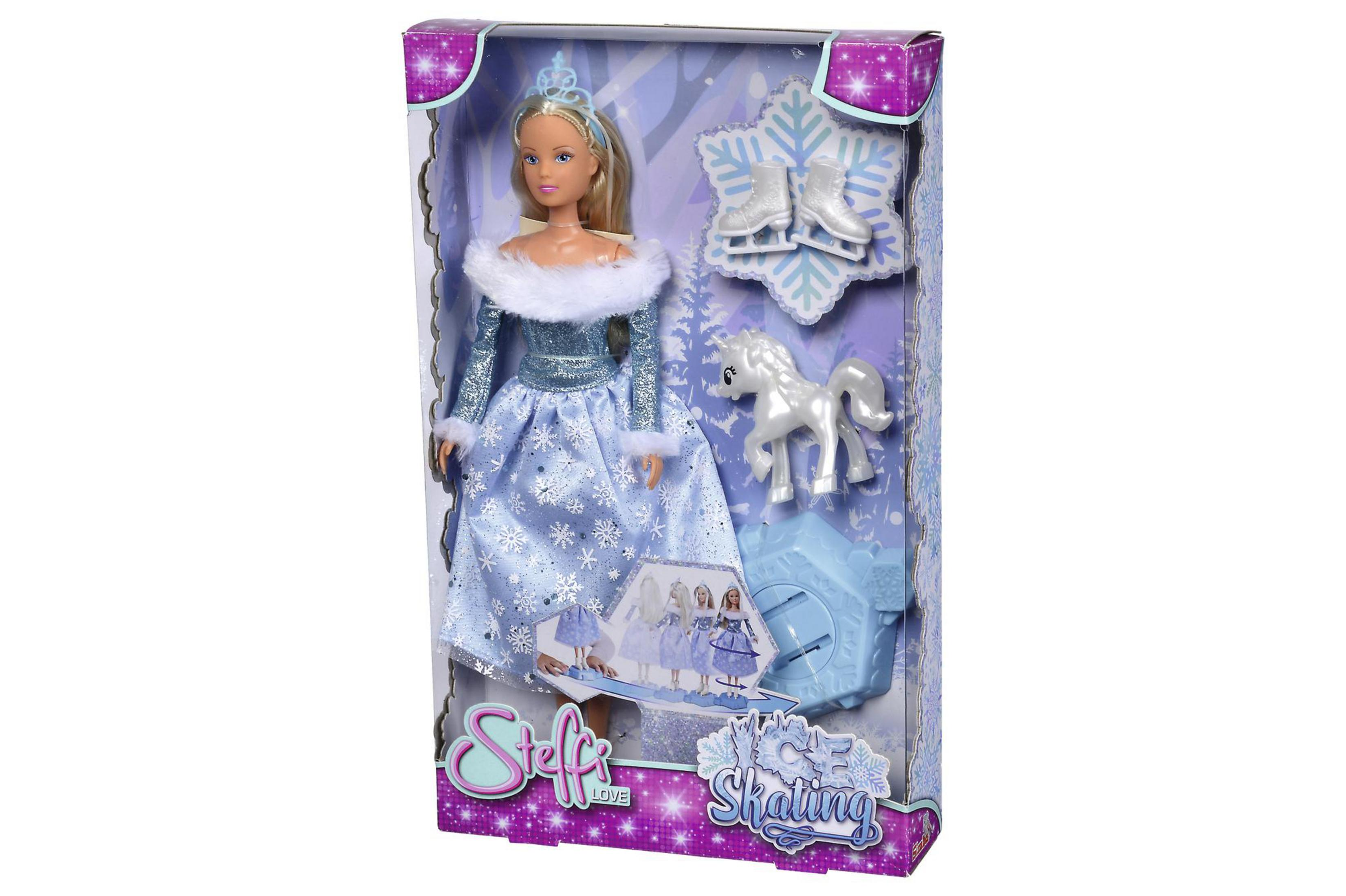 Puppe in Eislauf-Outfit, Zubehör wie Schlittschuhe und ein Einhorn, mit einer Box.
