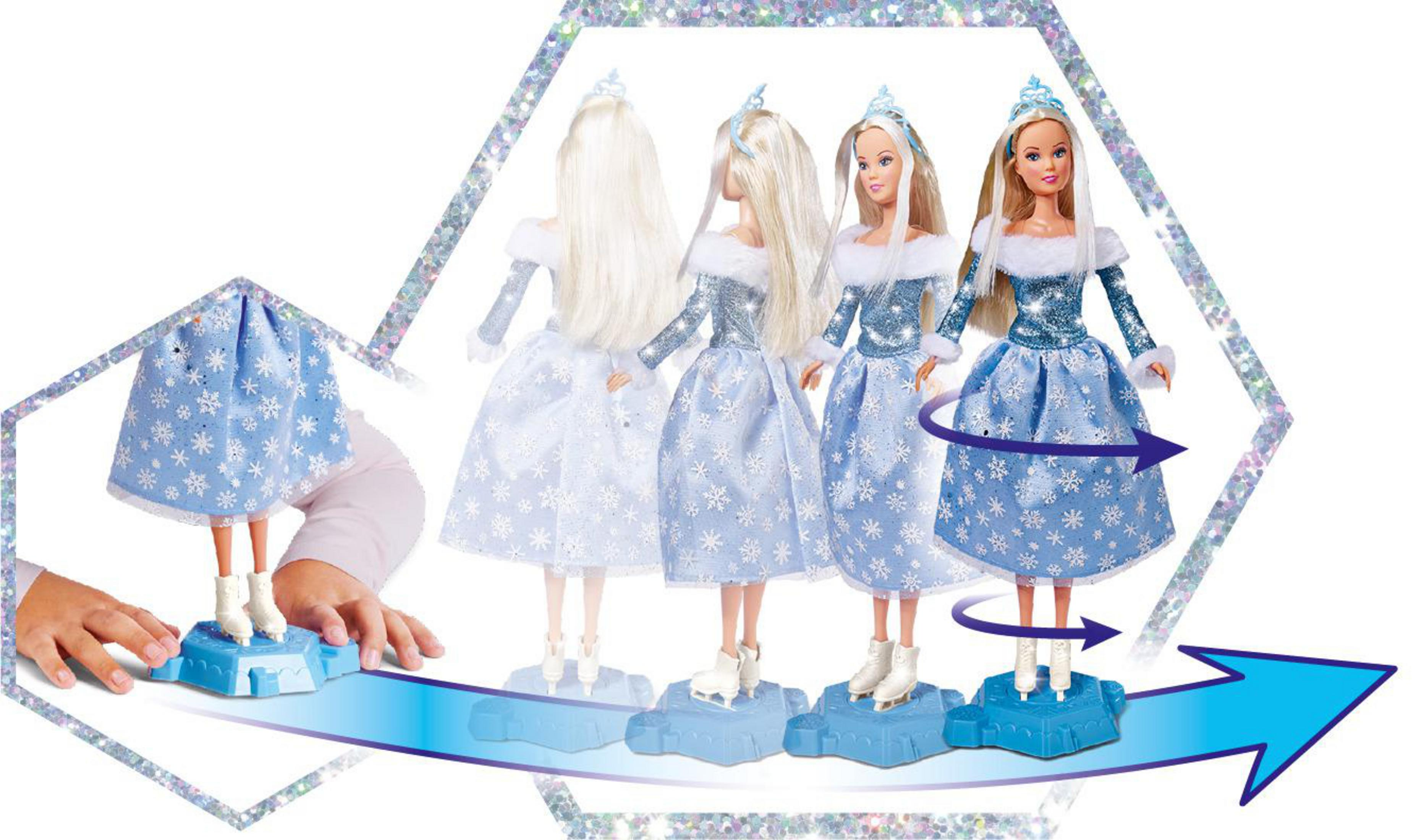 Puppe auf Schlittschuhen, dreht sich auf einer Plattform, mehrere Ansichten, blaues Kleid.