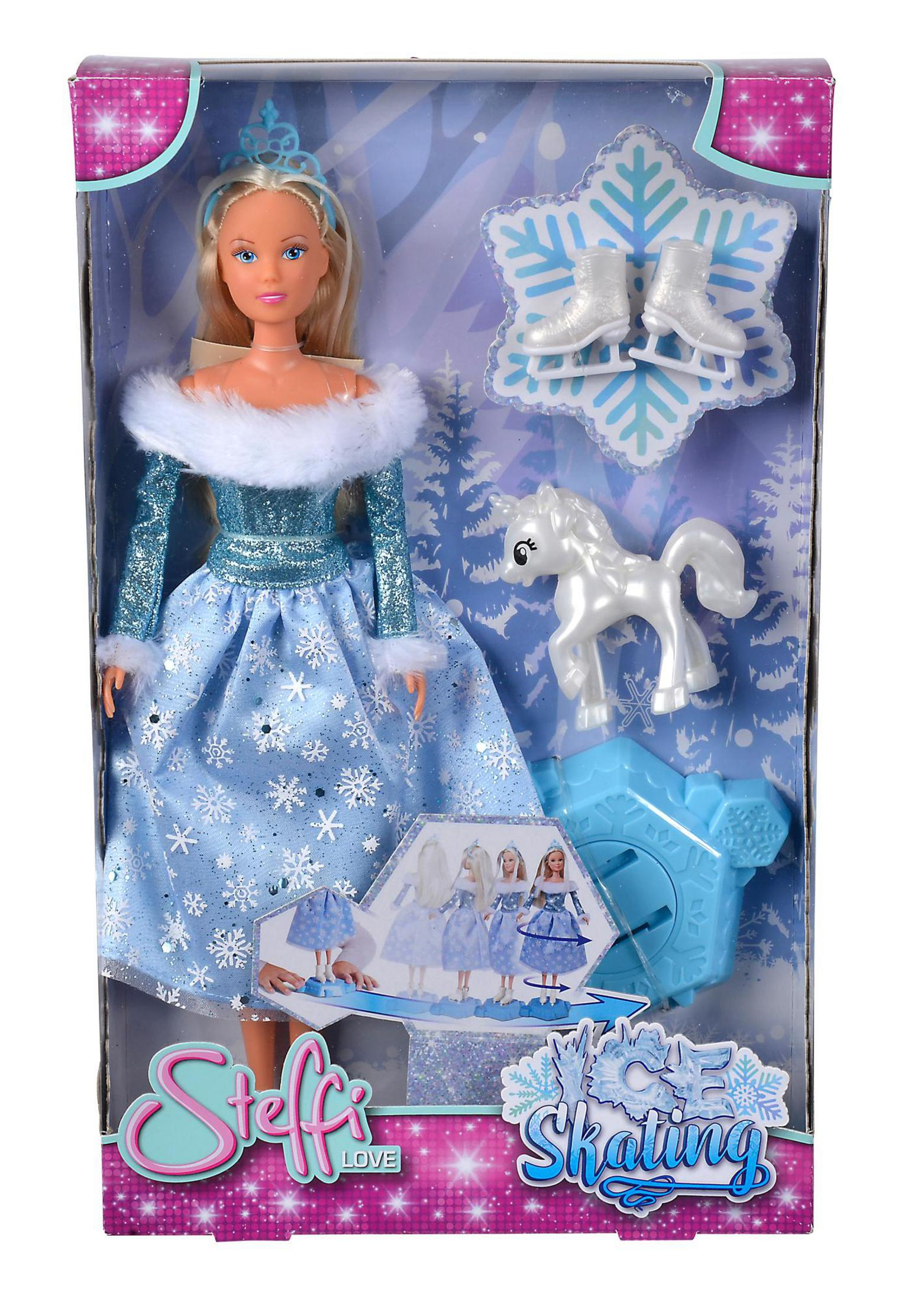 Puppe in einem Eislaufkleid mit Zubehör in einer Box.