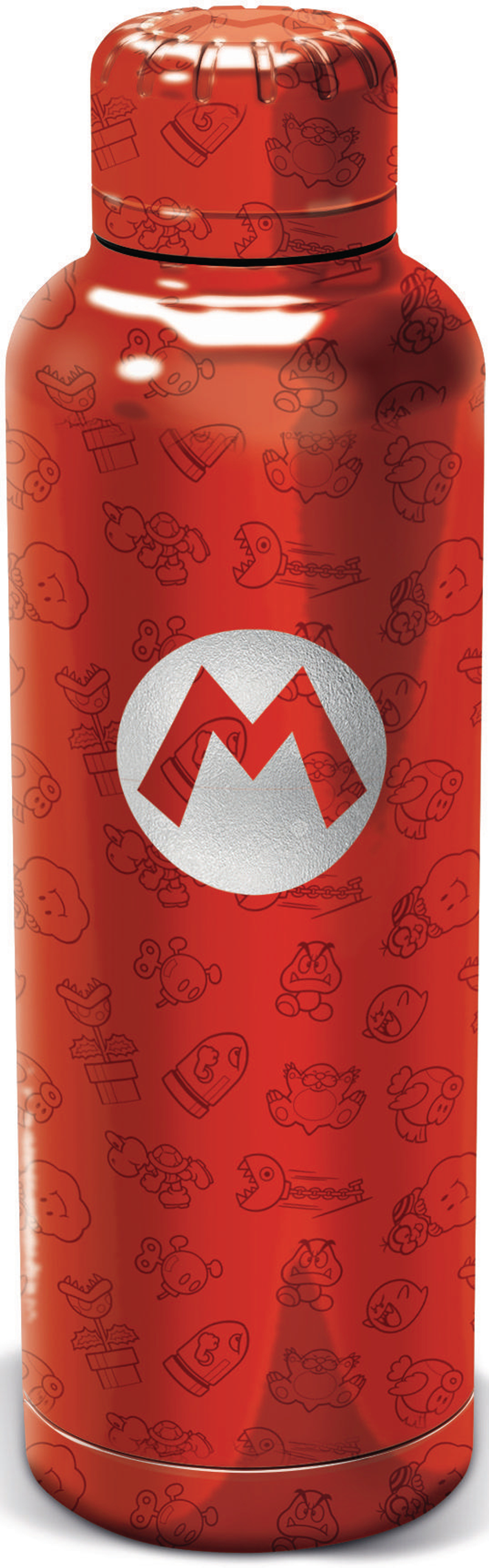 Rote Wasserflasche mit Mario-Charakteren und dem Buchstaben 'M'.