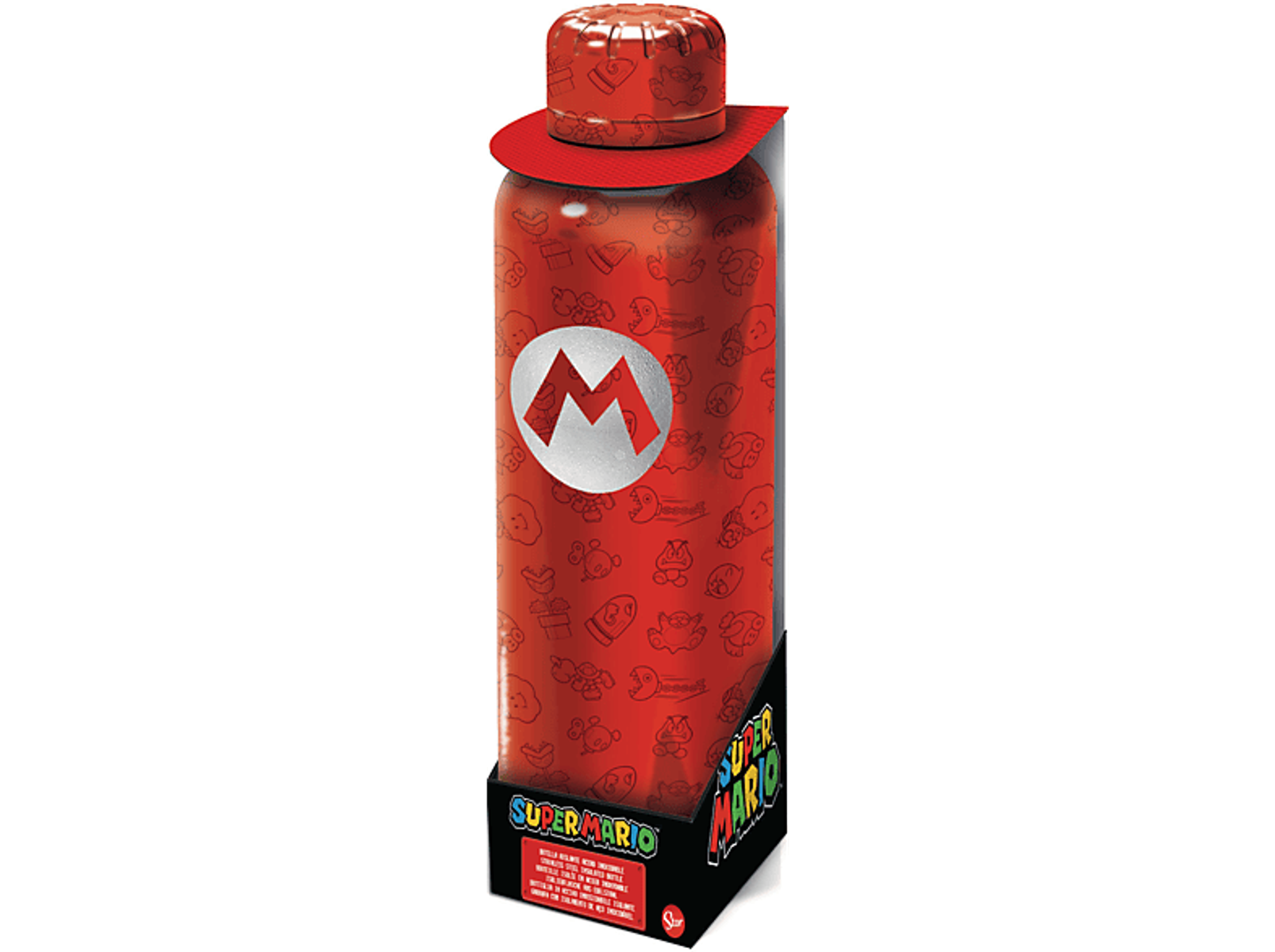 Eine rote Super Mario Wasserflasche mit dem Logo der Figur auf schwarzem Hintergrund.