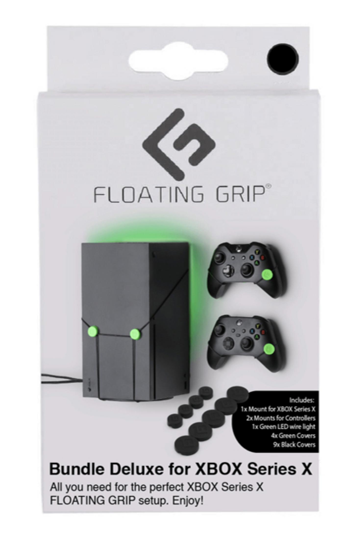Weiße und schwarze Controller-Zubehörbox mit Controllern auf weißem Hintergrund.