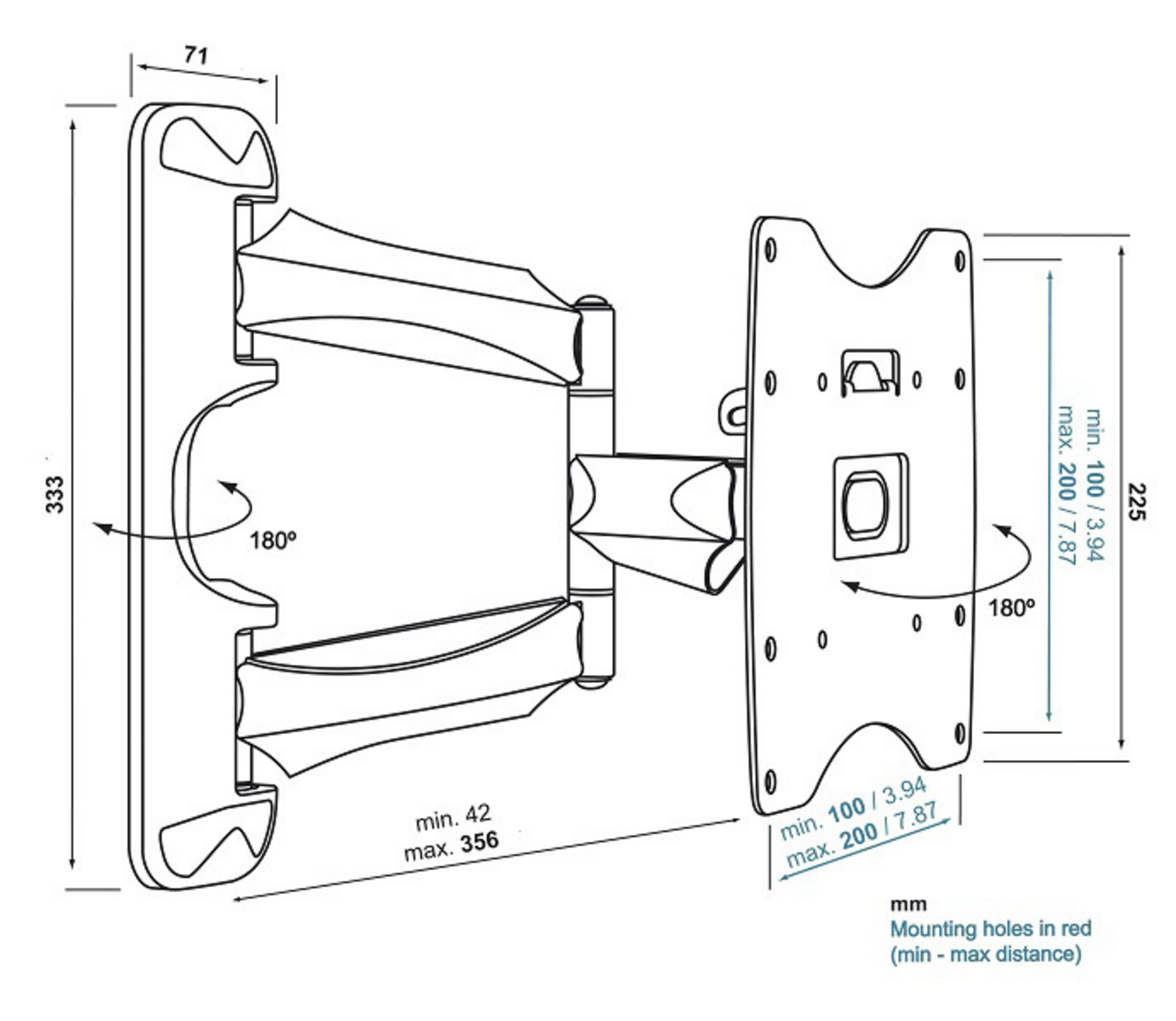 Dibujo técnico de un soporte de pared. Muestra dimensiones y orificios de montaje. Fondo blanco.