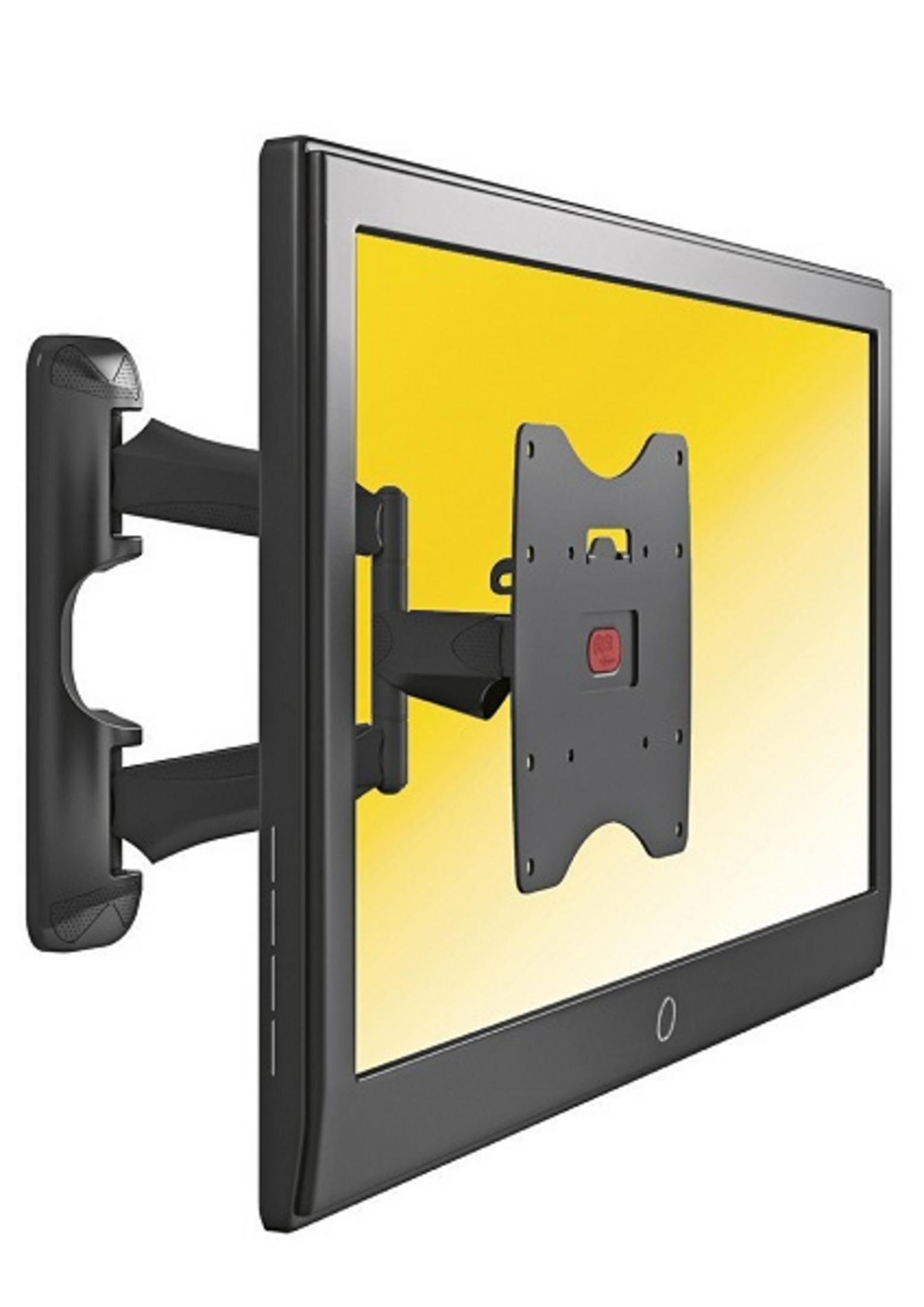 Un televisor negro montado en un brazo negro. El televisor tiene una pantalla amarilla.