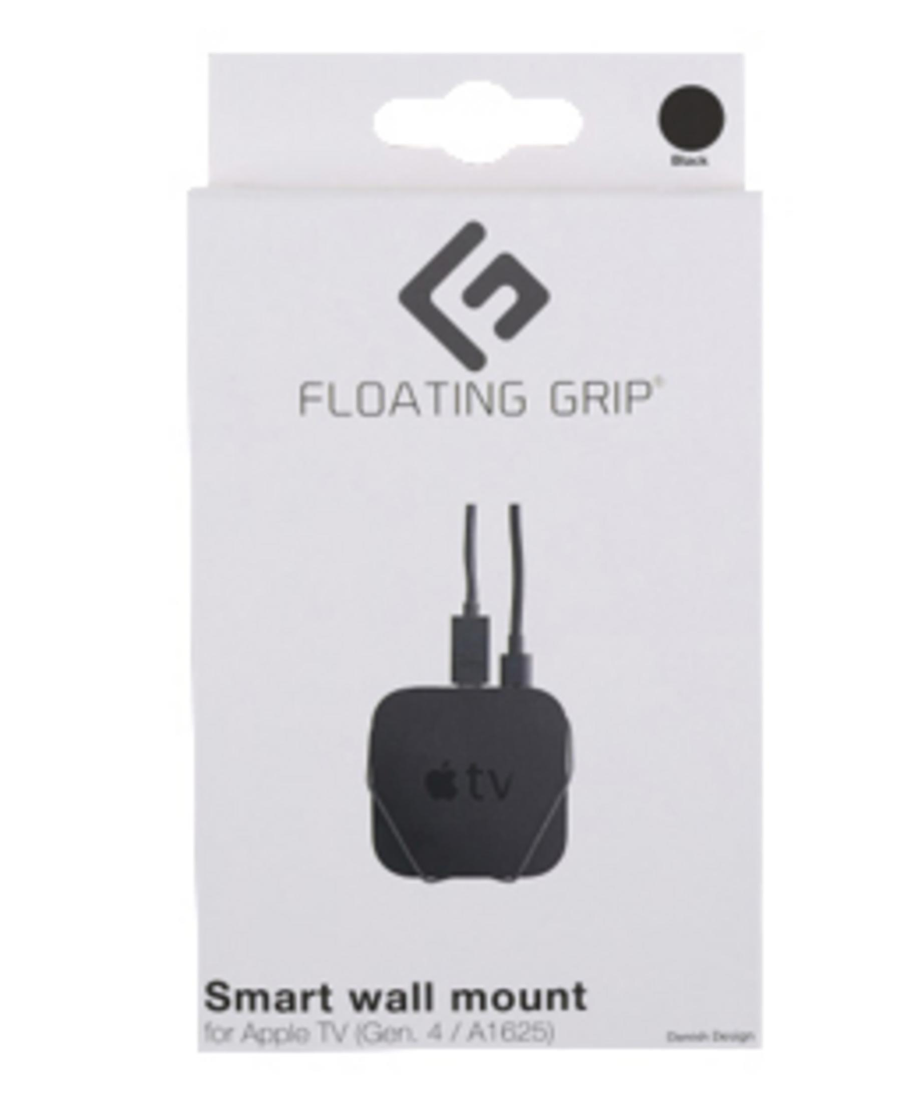 Eine weiße Schachtel für eine intelligente Wandhalterung für Apple TV. Das Produkt ist schwarz.