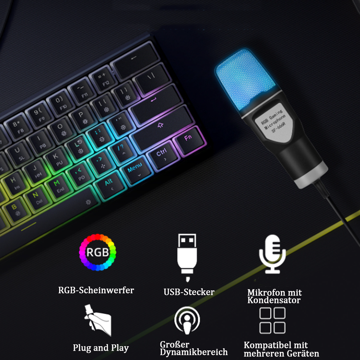 RGB-Gaming-Mikrofon, Tastatur, USB und Symbole auf schwarzem Grund.