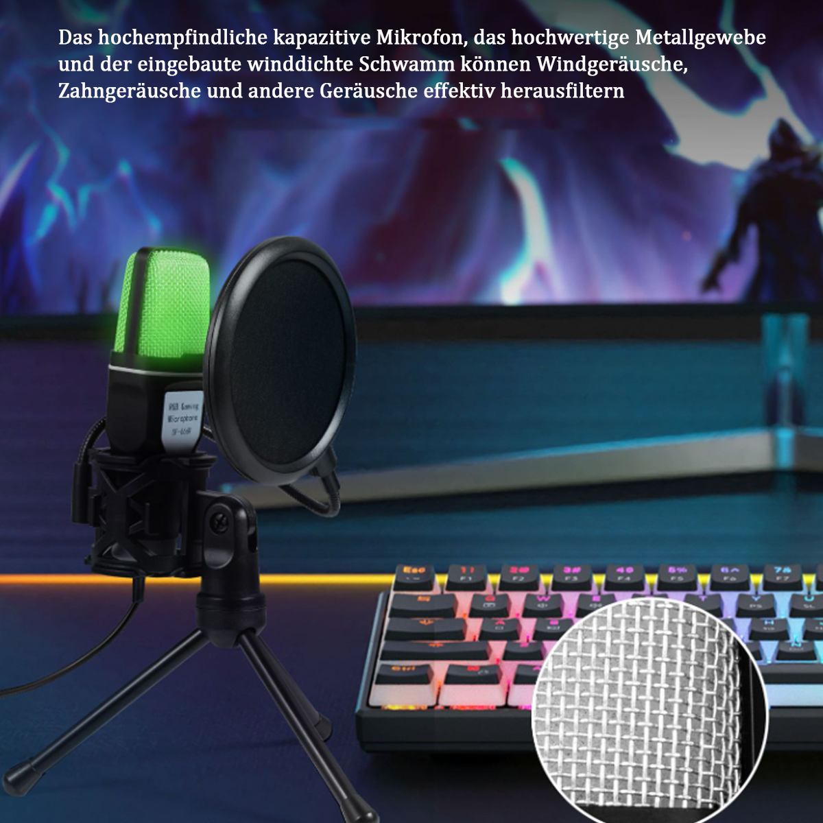 Mikrofon mit Ständer und Tastatur. Das Mikrofon hat einen grünen Filter und einen schwarzen Pop-Filter.