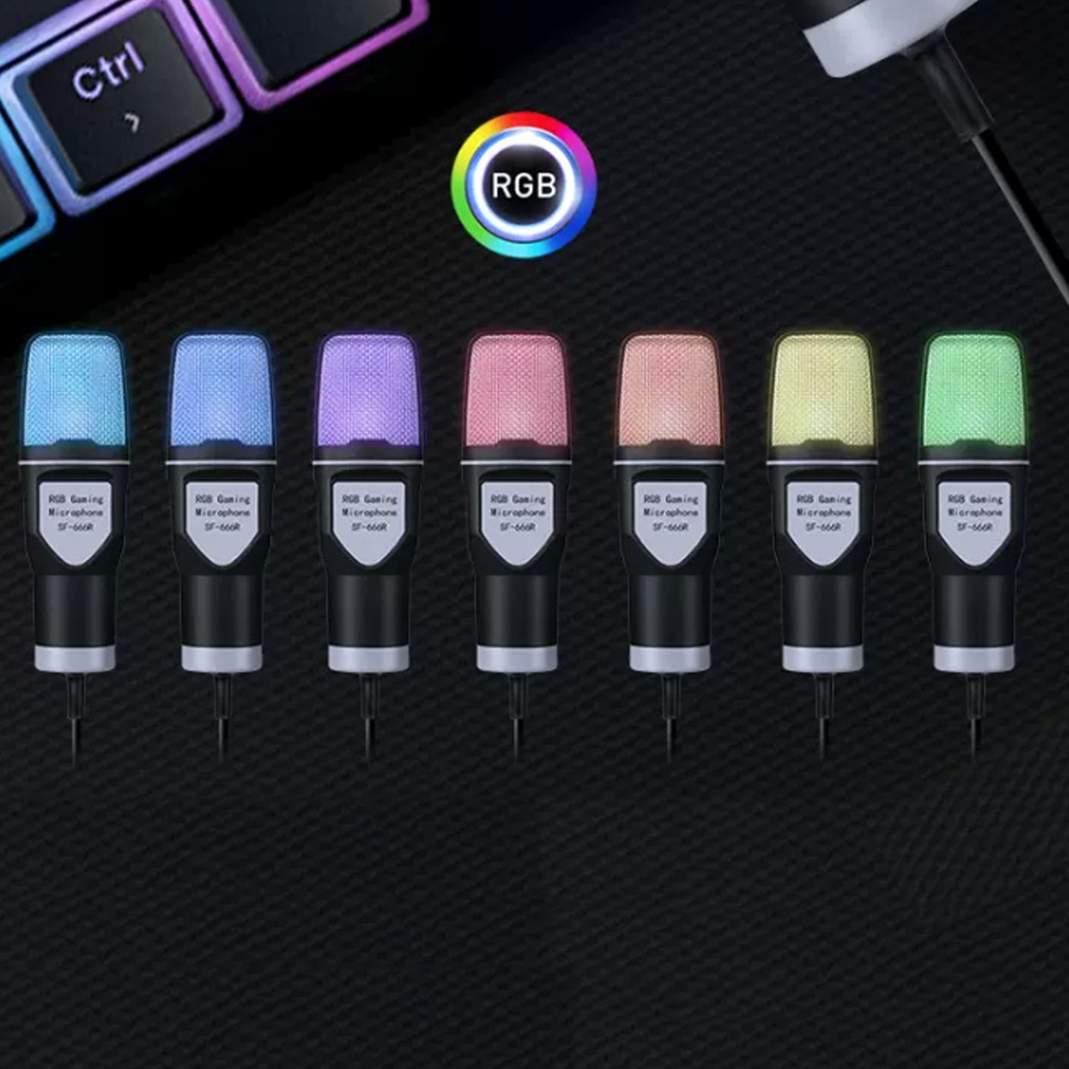 Sechs RGB-Gaming-Mikrofone in einer Reihe. Jedes hat ein farbiges Licht, einen schwarzen Körper und eine silberne Basis.
