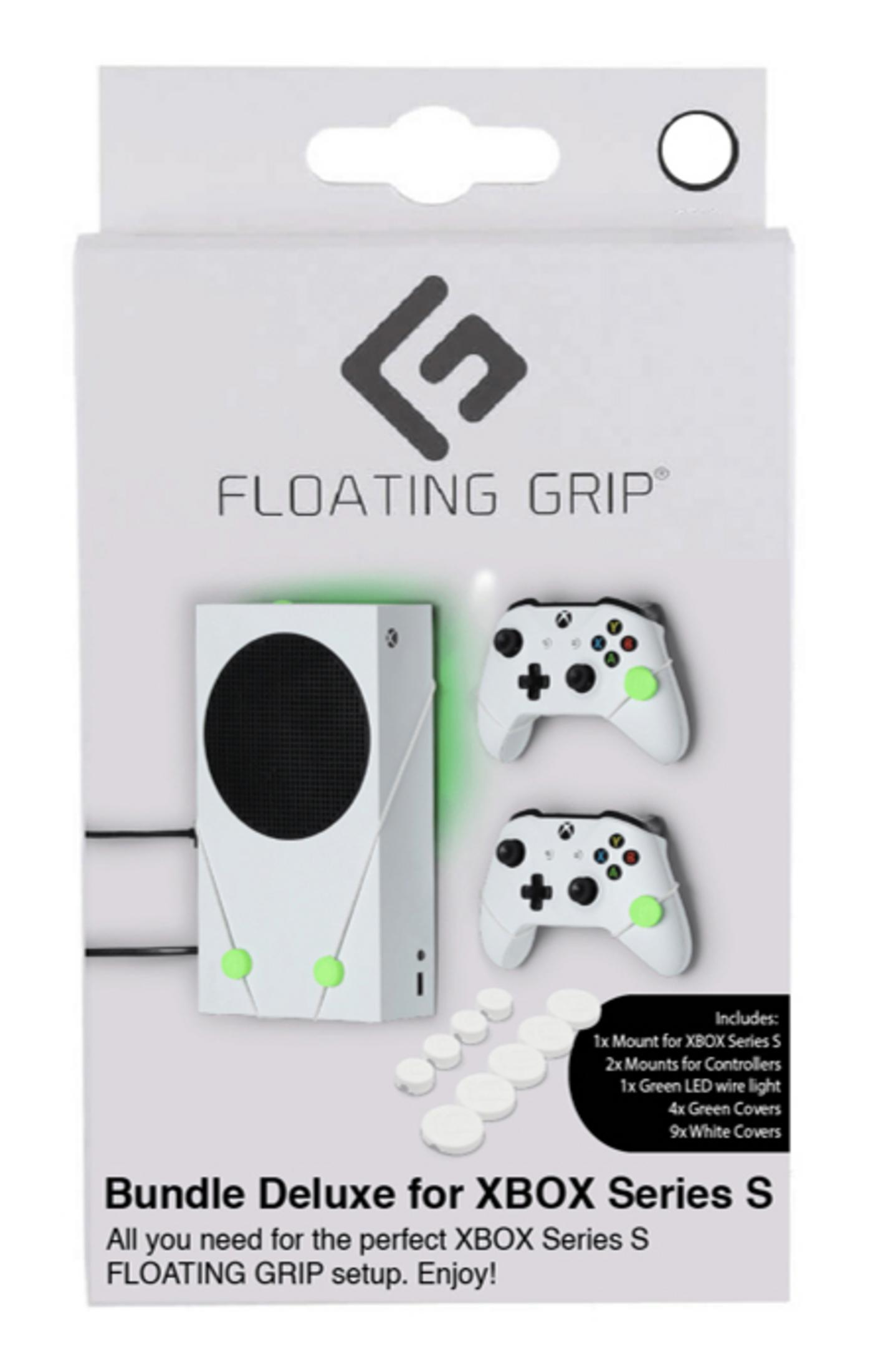 Xbox Series S Bundle mit Konsole, Controllern und Zubehör. Weißer Hintergrund.