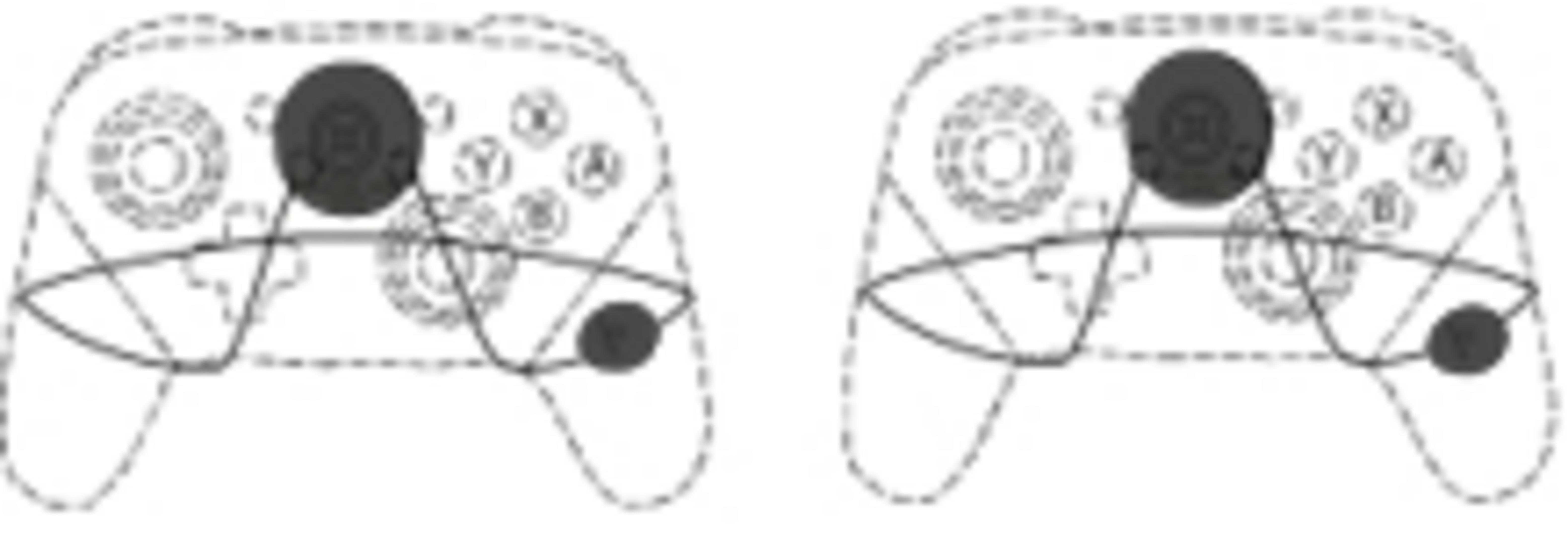 Zwei Controller-Joysticks mit gepunkteter Umrisslinie eines Controllers und Tastenbeschriftungen.